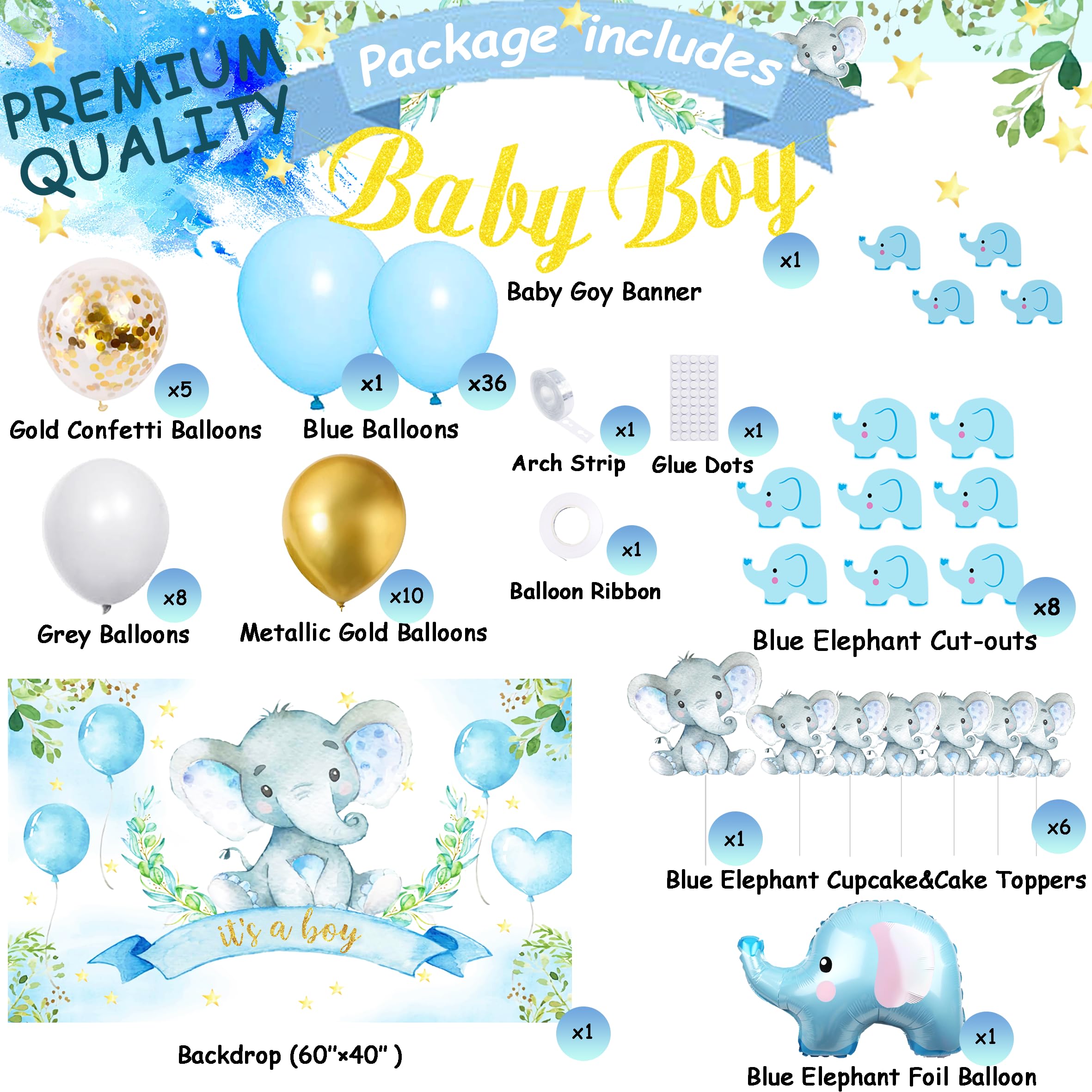 Blue Elephant Baby Shower Decorations for Boys - Complete Party Set with Backdrop Banner, Balloon Arch Kit, Cake & Cupcake Toppers - Perfect for It's a Boy Themed Showers, Gender Reveals & Nursery Decor