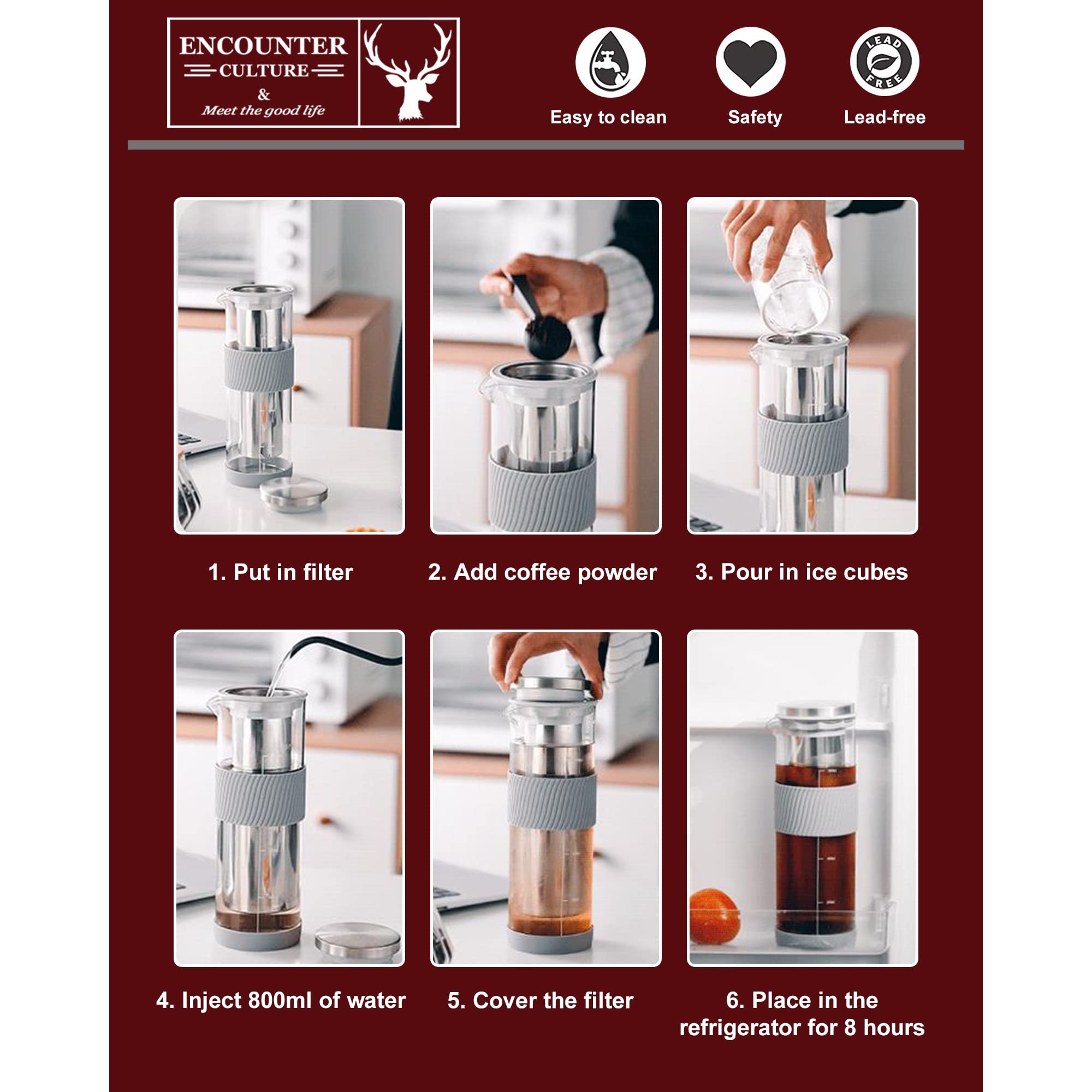 Premium Cold Brew Coffee Maker - 800ml/27oz Heat-Resistant Glass Pitcher with Airtight Lid & Cleaning Brush for Iced Coffee, Tea, Juice & Fruit Infusions | Portable Iced Tea Maker for Home, Office & Outdoor Use