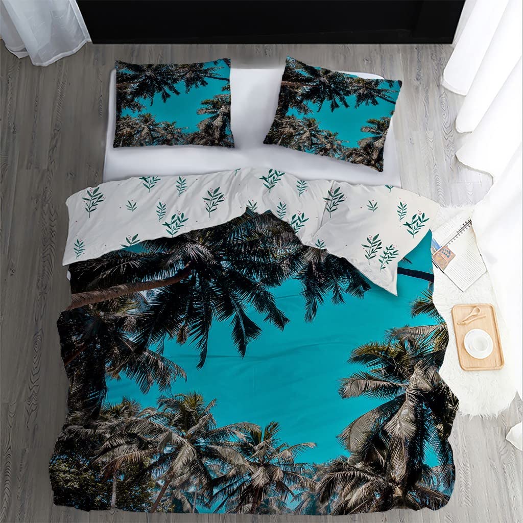 Queen Size Duvet Cover Set - Soft Microfiber Coconut Tree Sky Landscape Bedding with Zipper & Ties, 3-Piece Set (90x90 Inch Comforter Cover + 2 Pillow Shams) - Perfect for Beach House, Tropical Bedroom Decor & Vacation Home Styling