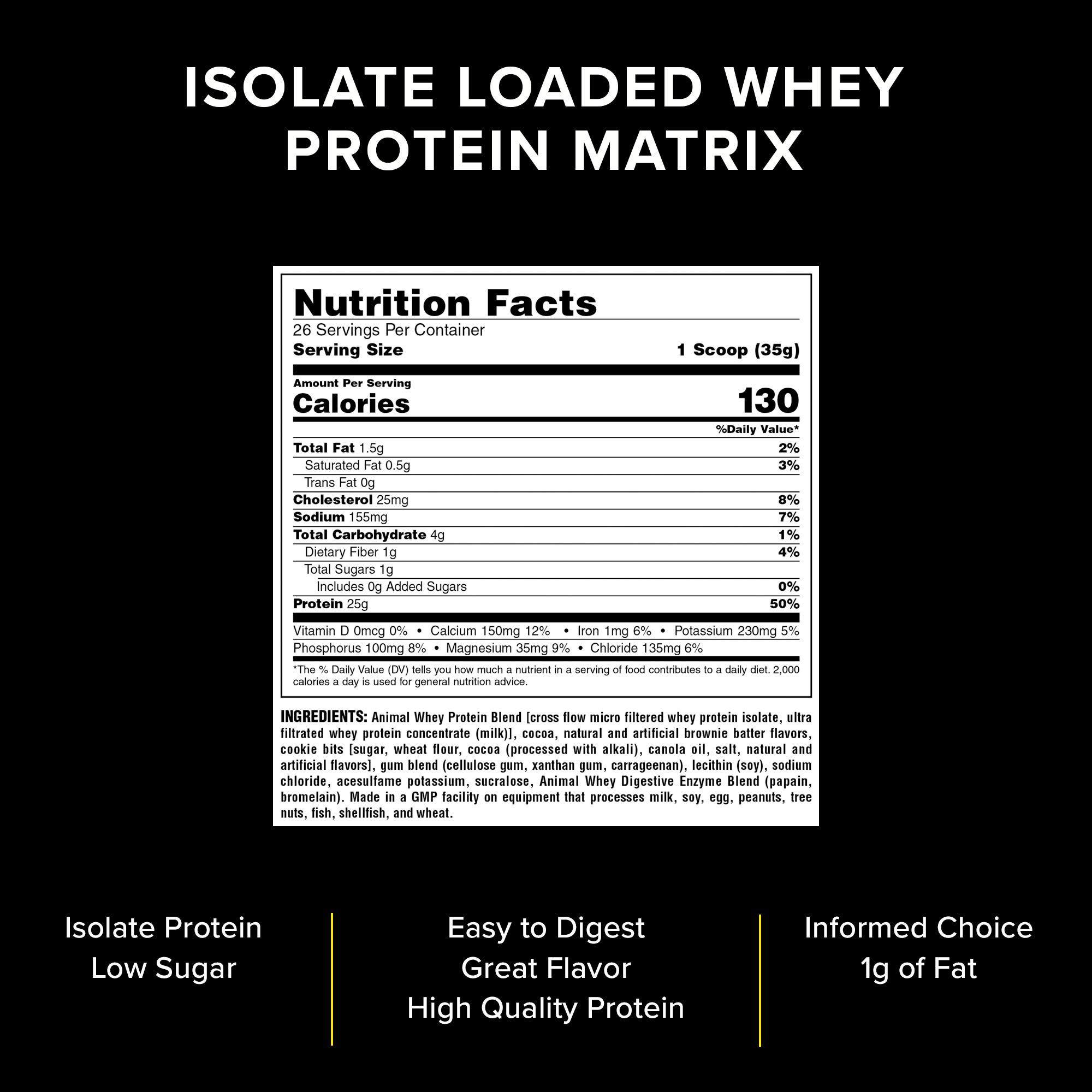 Animal Whey Isolate Protein Powder - 25g Protein for Muscle Building & Recovery, Low Sugar, Great Taste (Brownie Batter, 2 lbs) - Pre & Post Workout Supplement with Digestive Enzymes for Men & Women - Ideal for Gym, Home Workouts & Active Lifestyles