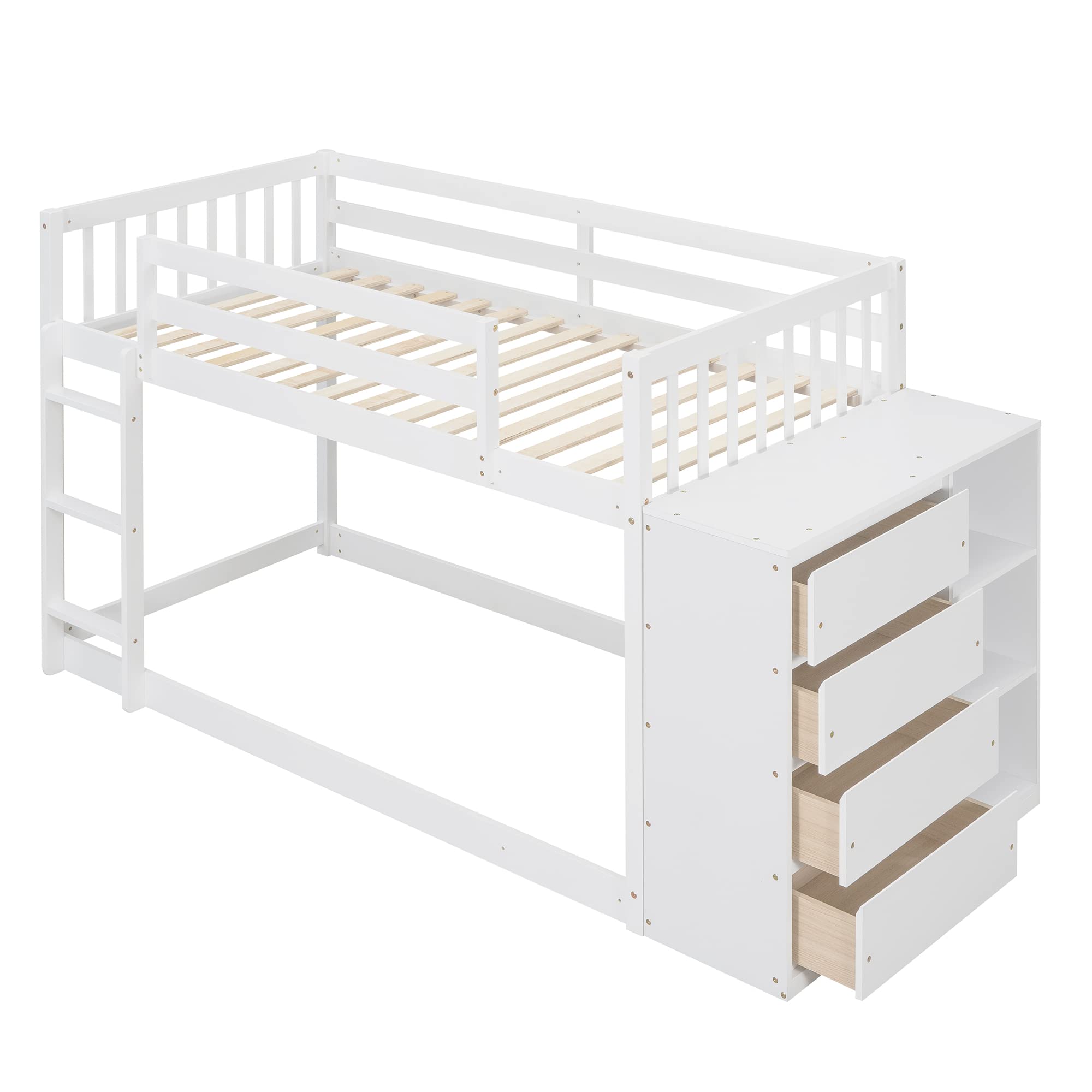 Twin Over Twin Bunk Bed with Storage - Solid Wood Bunk Bed with 4 Drawers & 3 Shelves - Low Profile Bunk Bed for Kids, Teens & Adults - Perfect for Small Bedrooms, Guest Rooms & Vacation Homes (White)