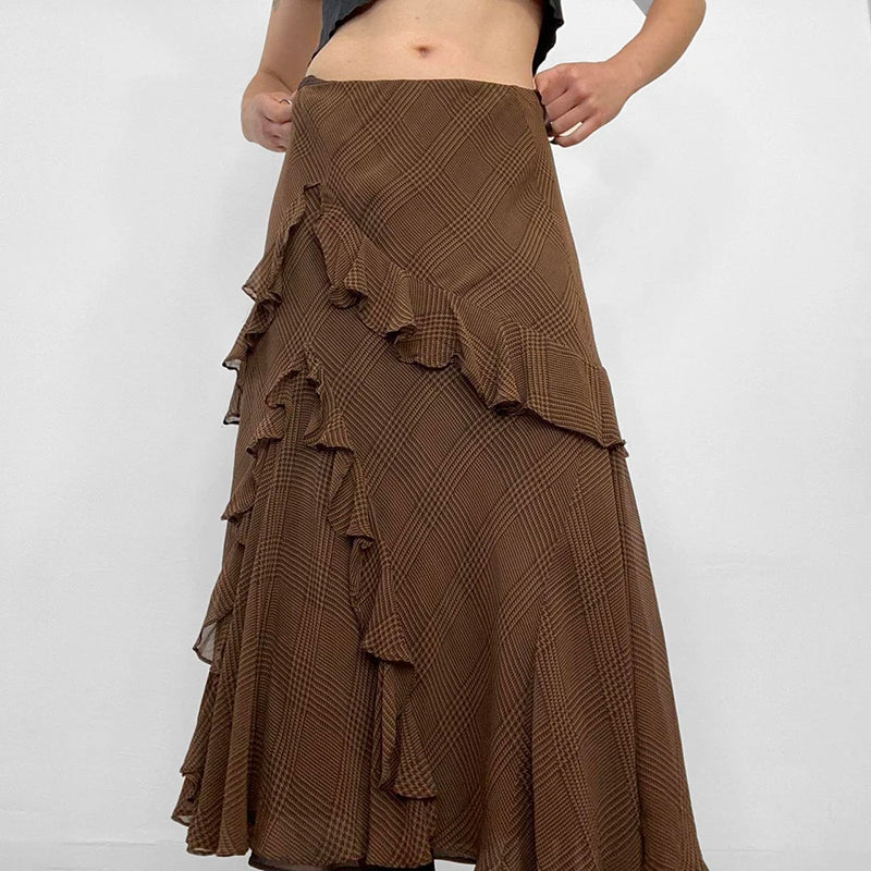 Elegant Asymmetrical Brown Boho Long Skirt - Vintage Chiffon Ruffles Stitched Plaid Skirt for Women | Perfect for Autumn Parties, Weddings & Boho Fashion Outfits