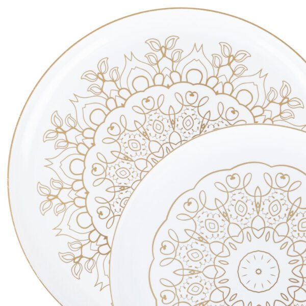 20-Pack White and Gold Round Plastic Dinnerware Set - Elegant Medallion Design for 10 Guests - Perfect for Weddings, Parties, and Formal Events