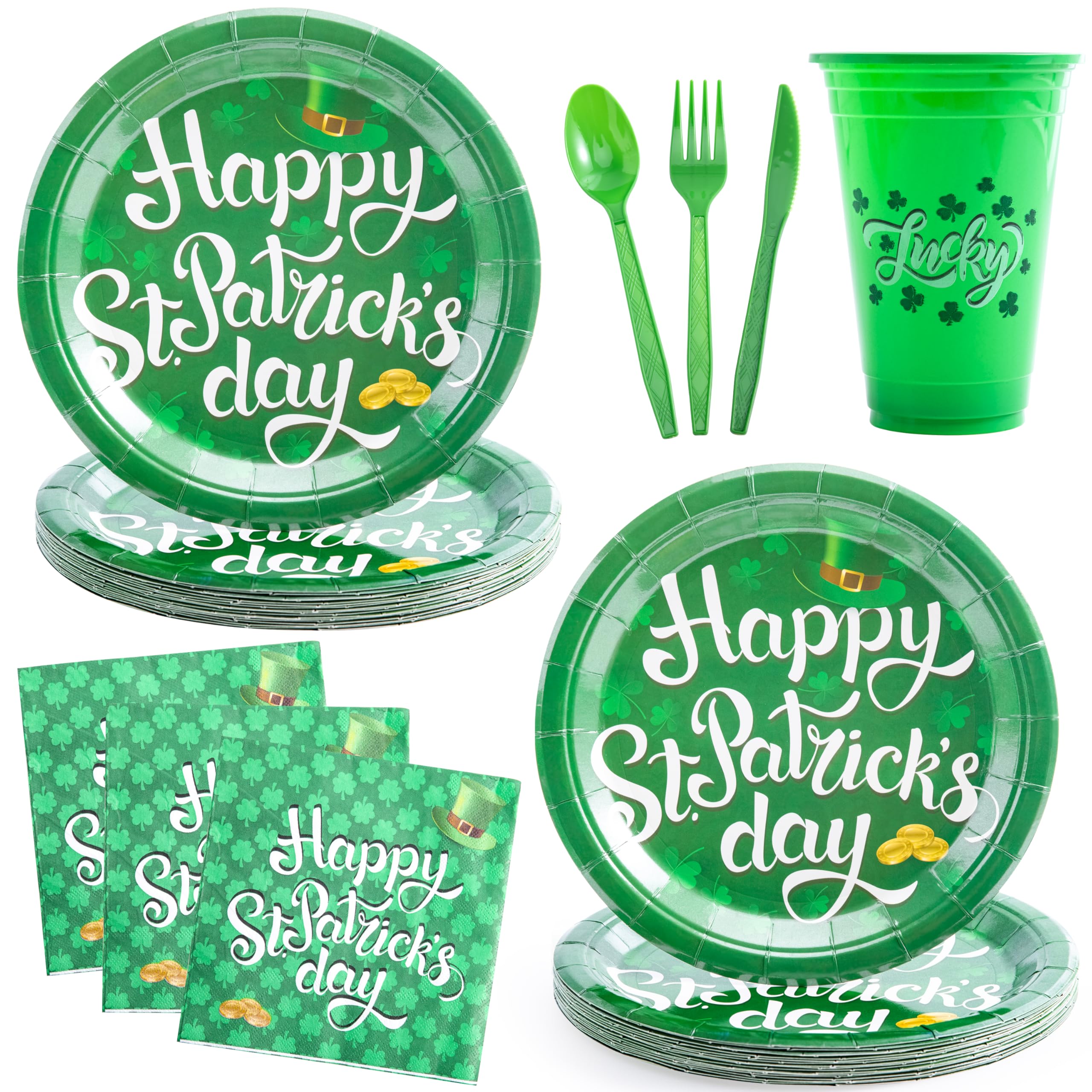 JOYIN 126PCS St. Patrick's Day Party Tableware Set - 18-Person Shamrock Themed Dinner Kit with 9-inch Plates, Cups, Napkins & Cutlery (Forks, Knives, Spoons) - Perfect for Irish Themed Parties, Holiday Celebrations & Family Gatherings