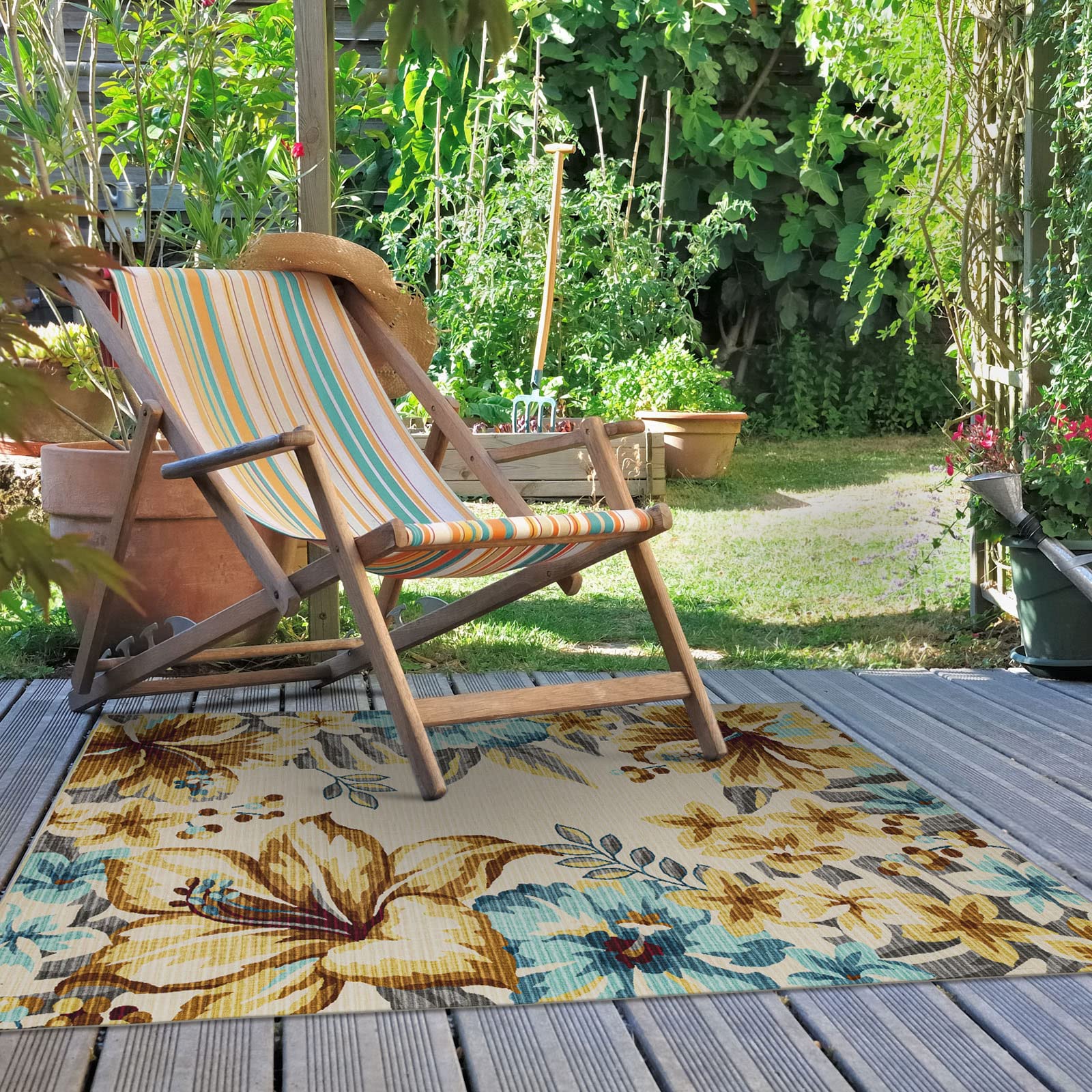 DECOMALL BLODWEN Indoor Outdoor Rugs - Floral Botanical Leaf Tropical Area Rug for Bedroom, Living Room, Deck, Backyard, Balcony, Patio - Yellow 6x9 Feet - Perfect for Boho Decor, Beach House Style & Summer Garden Parties