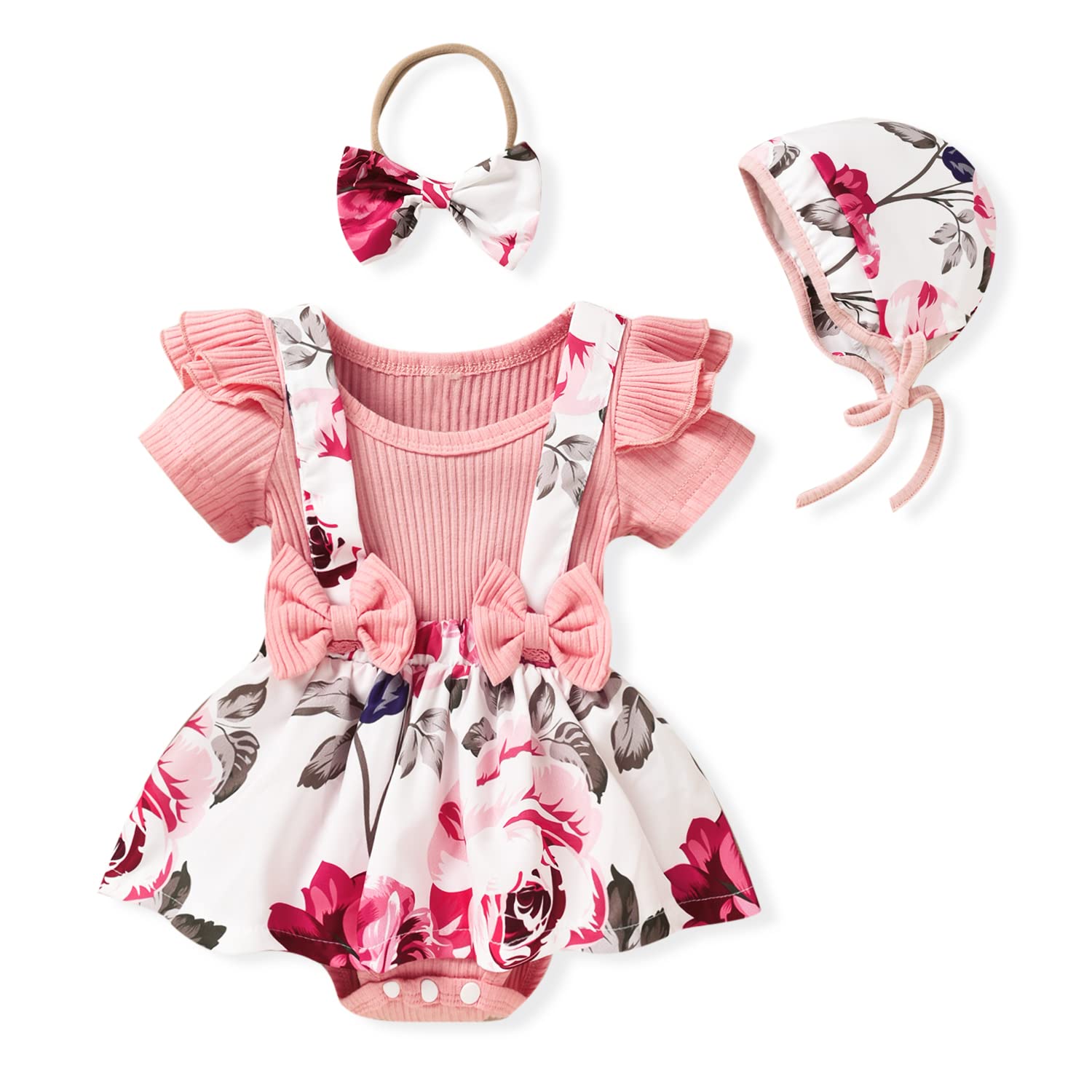 Preemie Newborn Baby Girl Outfit - Soft Cotton Ribbed Romper Floral Suspender Dress with Matching Sun Hat & Headband Set | Spring Summer Photoshoot, Christening, Special Occasion Outfits