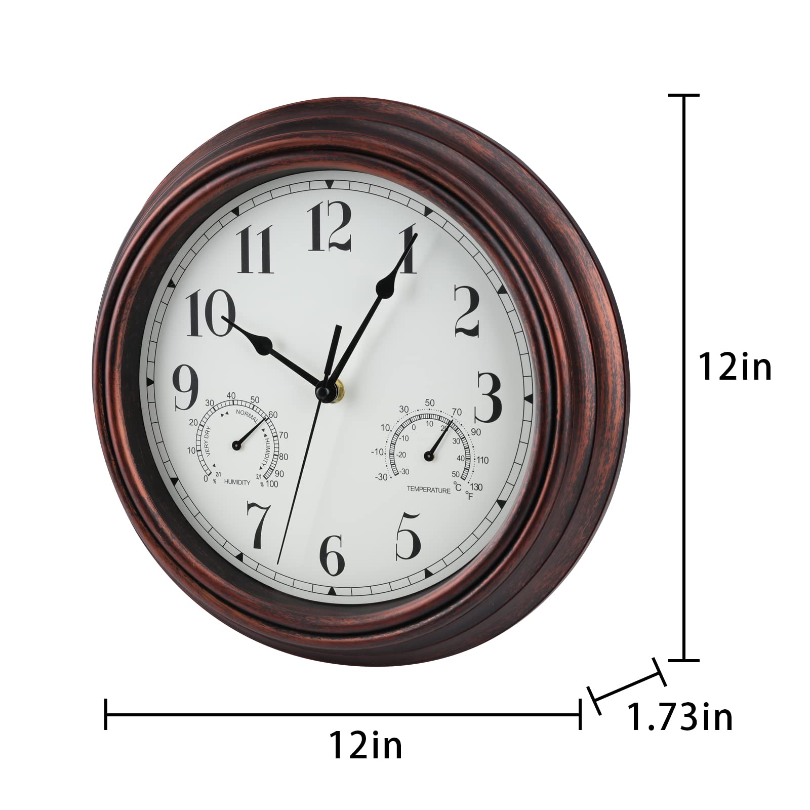 **MUMTOP 12 Inch Indoor Outdoor Wall Clock with Thermometer & Hygrometer - Waterproof, Bronze Finish - Perfect for Patio, Garden, Living Room, Office & Home Decor**