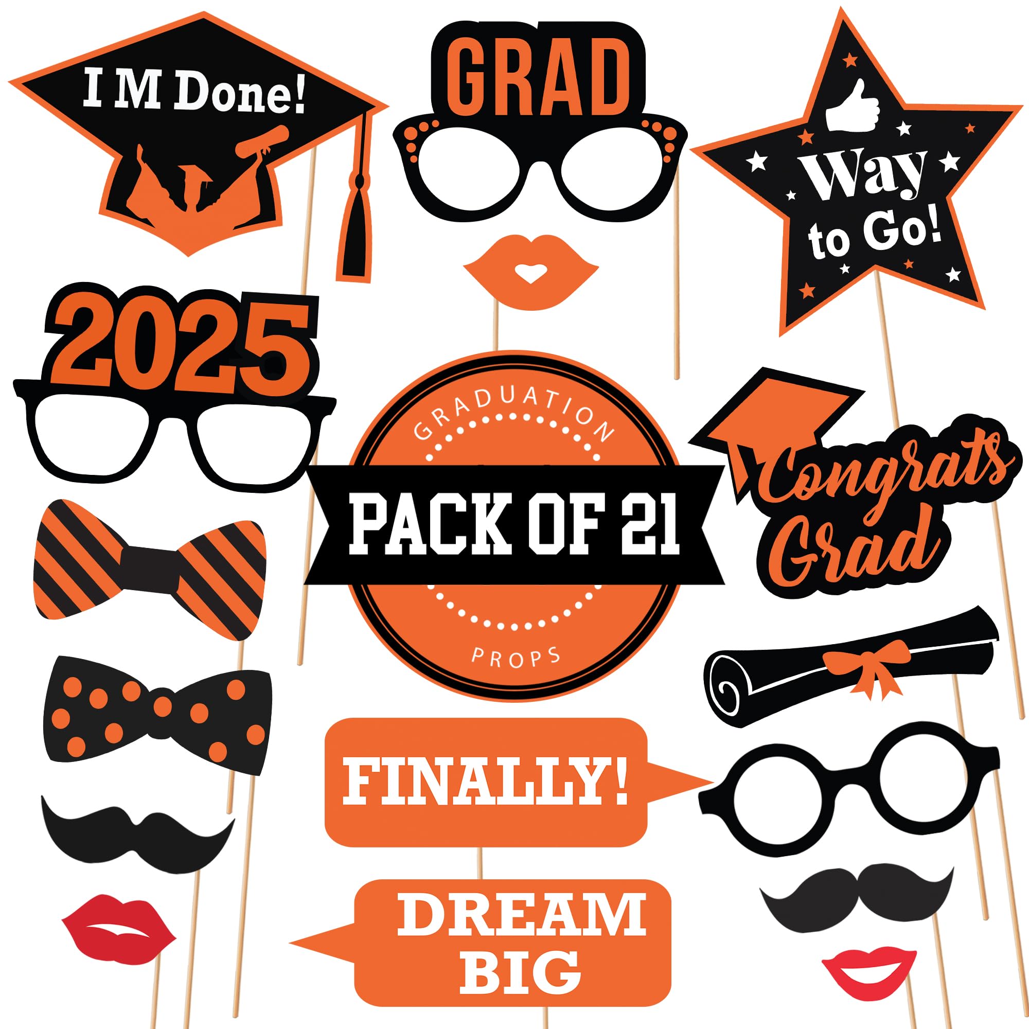 **KatchOn 2025 Graduation Photo Booth Props - Pack of 21 | Orange & Black Graduation Decorations for Class of 2025 | Perfect for Graduation Parties, Photo Booths & School Events**