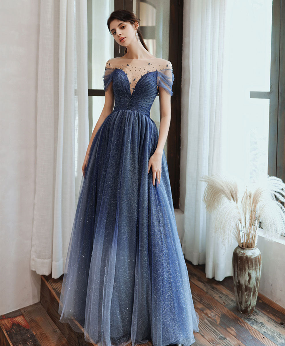 Elegant Blue Tulle Off-Shoulder Sequin Long Prom Dress - Formal Evening Gown for Homecoming, Ball & Special Occasions