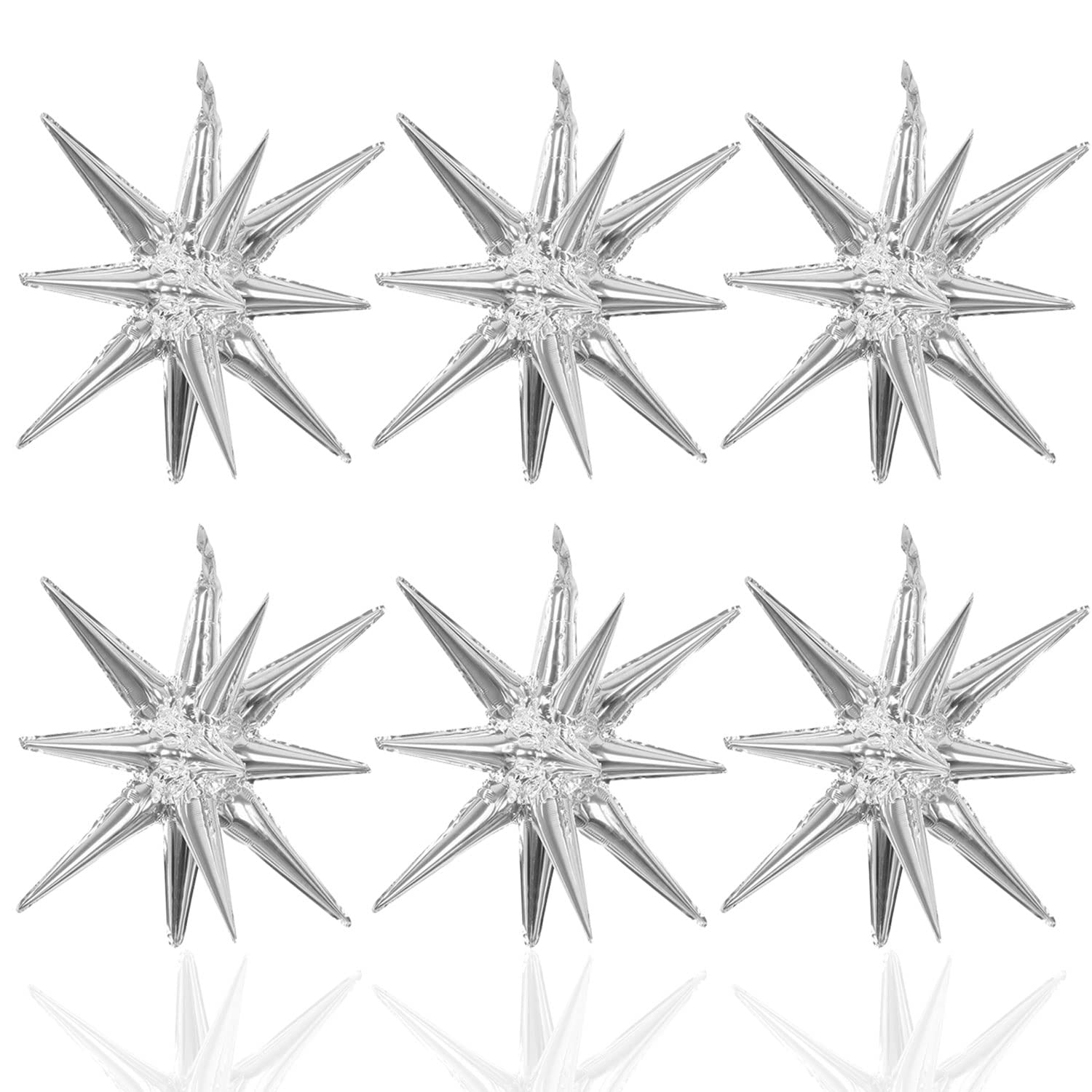 6 Pcs Silver Star Foil Balloons - 14-Pointed 3D Starburst Mylar Balloons 22 Inch for Christmas, Birthday, Wedding, Anniversary Party Decorations (Silver) | Perfect for Indoor & Outdoor Celebrations, Photo Backdrops, and Festive Events
