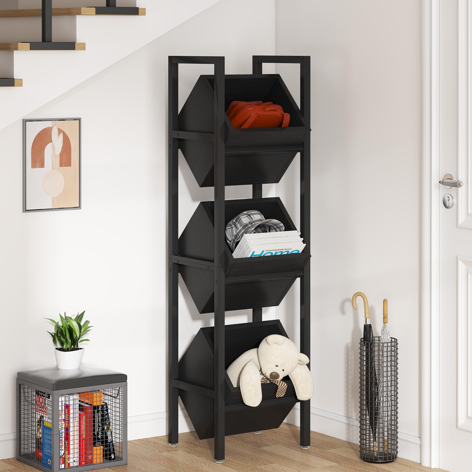 Tribesigns 3-Tier Wooden Basket Stand - Rustic Vertical Storage Organizer with Baskets for Kitchen, Bathroom & Living Room - Perfect for Fruits, Snacks, Towels & Home Decor (Black)