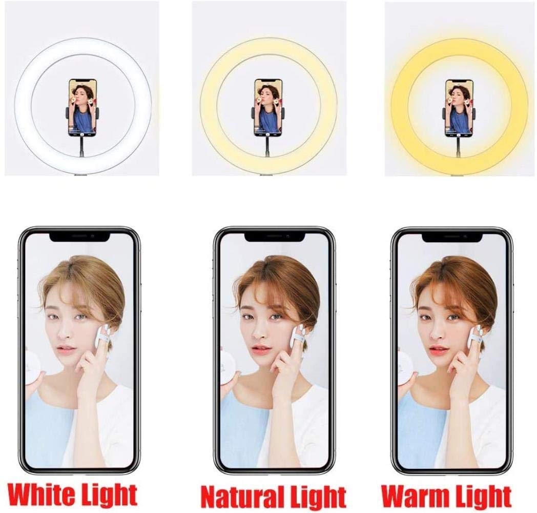 HMTE 10-Inch LED Ring Light with Phone Holder & Tripod Stand - Adjustable Brightness for Selfie, Beauty Makeup, YouTube Live Streaming, and Video Conferencing