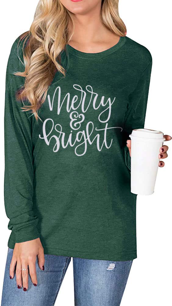 KNEYATTA Women's Merry and Bright Christmas Graphic Print Long Sleeve T-Shirt - Festive Holiday Tee for Parties, Family Gatherings & Winter Celebrations