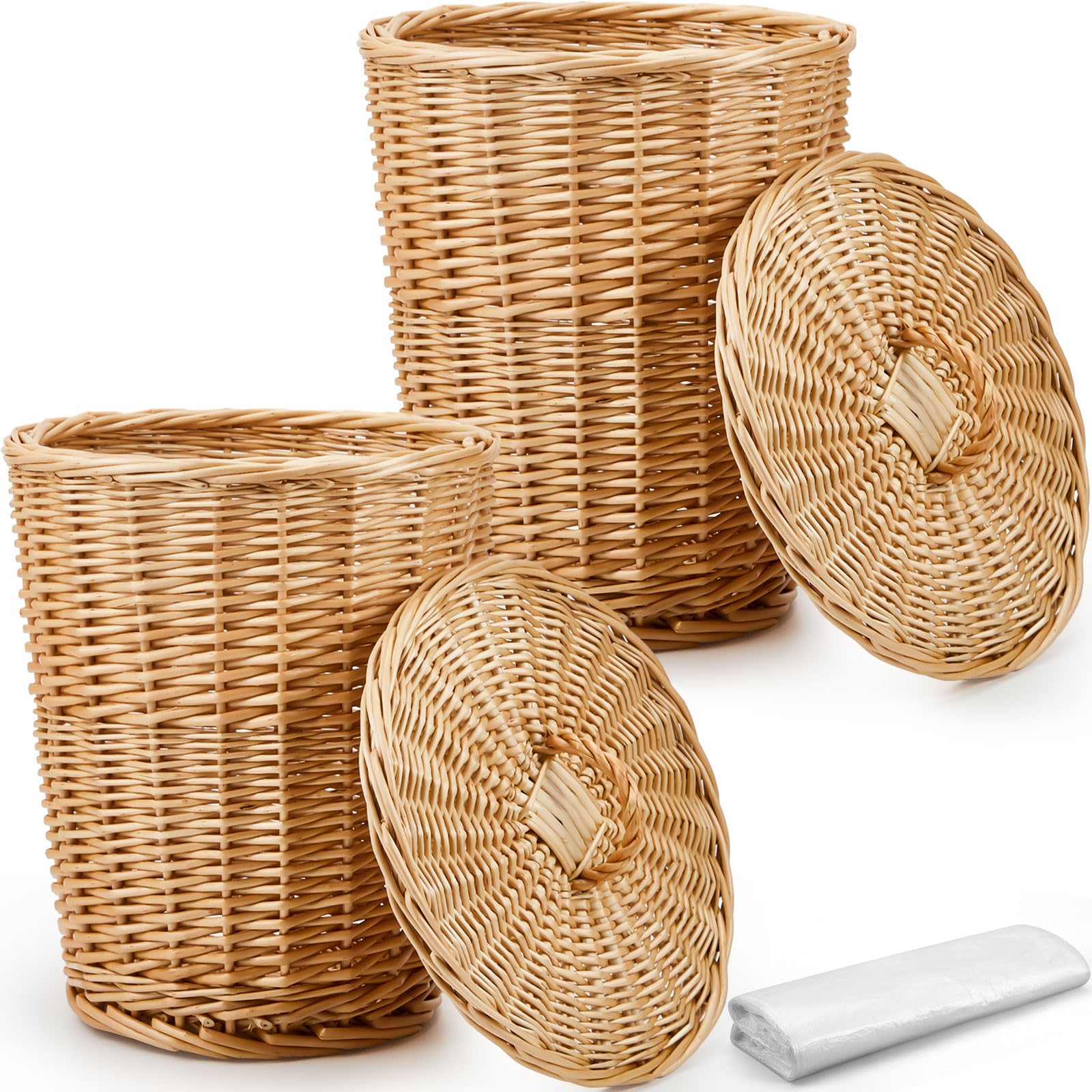 Maxcheck 2-Pack Woven Wicker Trash Can with Lid & 100 Plastic Bags - Eco-Friendly Waste Basket for Bathroom, Kitchen, Bedroom, Office & Laundry Room - Perfect for Home Organization & Waste Disposal