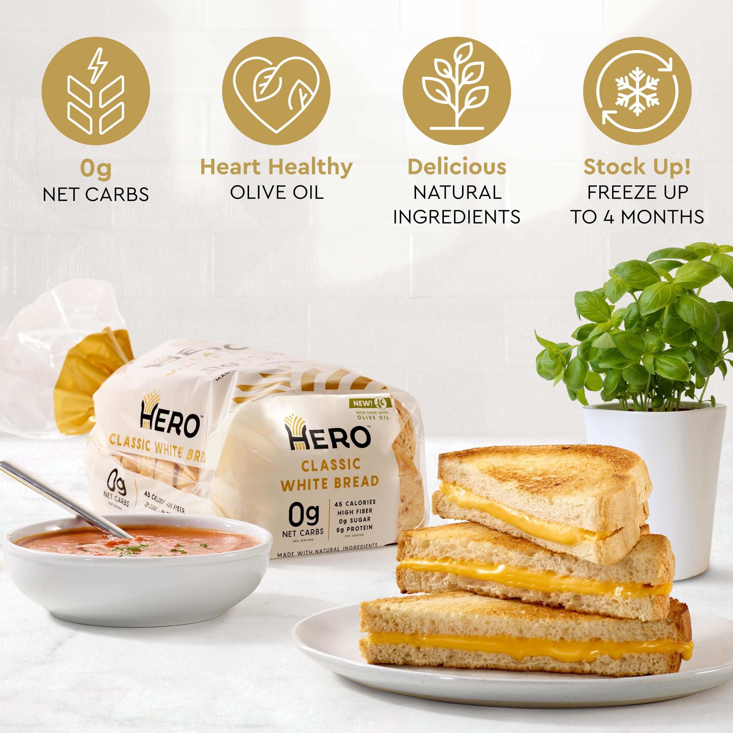 Hero Classic White Bread — 0g Net Carb, 0g Sugar, 45 Calories, 10g Fiber per Slice | Keto Friendly, Low Carb Bread | Tastes Like Regular Bread | 15 Slices per Loaf, Pack of 4 | Perfect for Sandwiches, Toast & Keto Diet