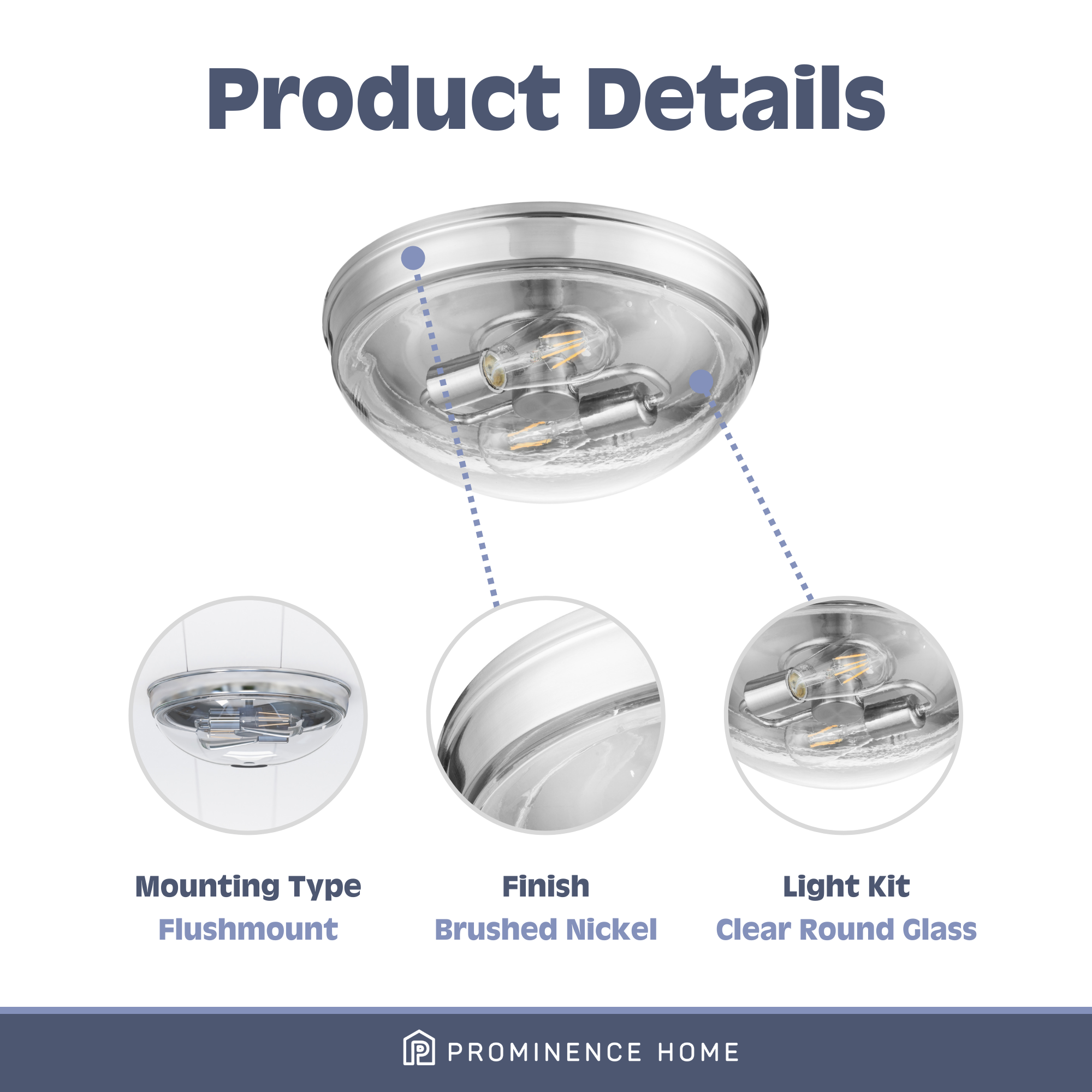 Madalyn Dome Flushmount Light Fixture - Clear Glass Shade with Brushed Nickel Finish - Modern Ceiling Lighting for Bedroom, Hallway & Entryway