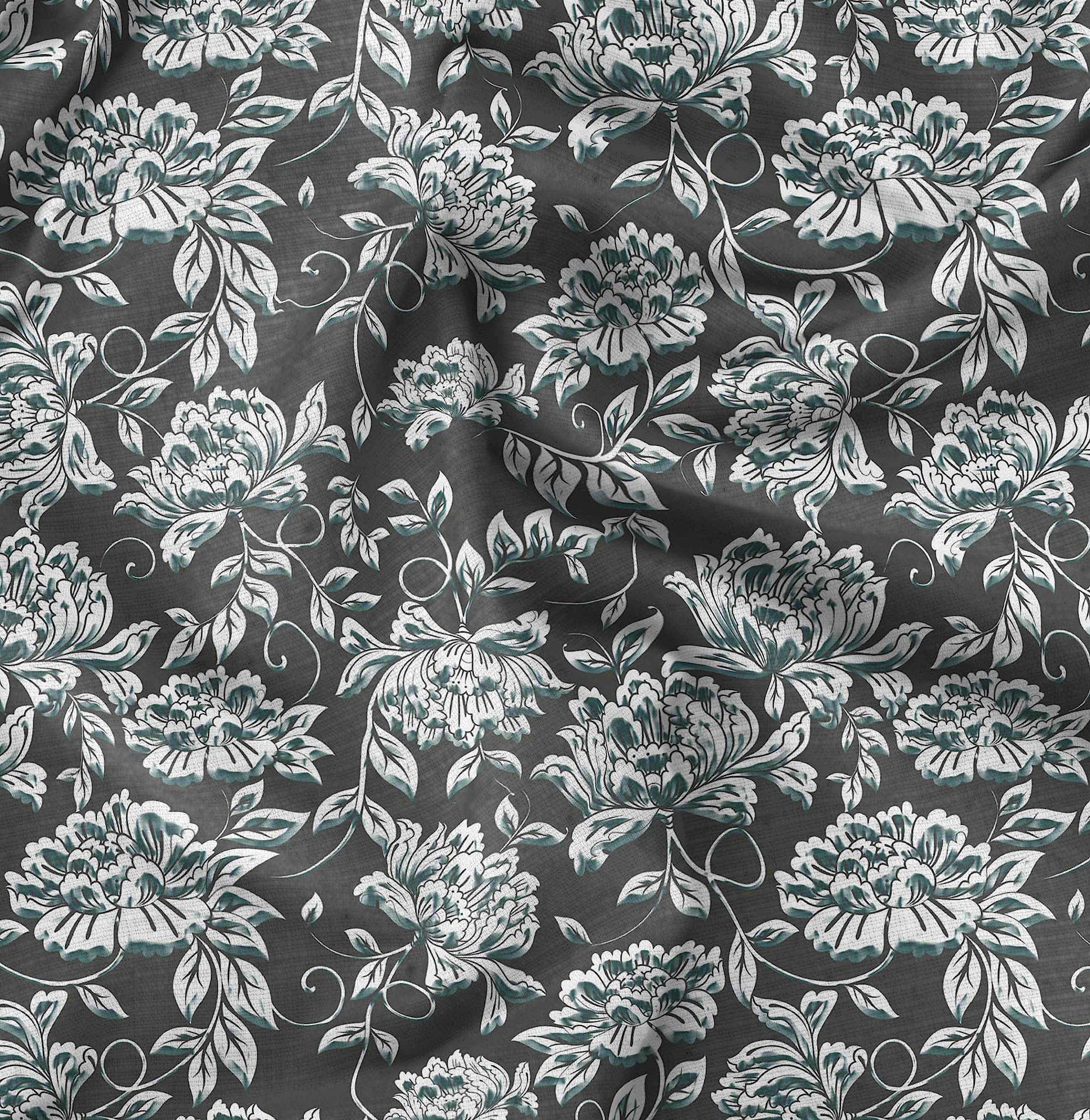 Soimoi Moss Georgette Gray Fabric by The Yard - 42 Inch Wide Printed Fabric with Artistic Leaf & Floral Design for Dresses, Curtains, DIY Crafts & Home Decor Projects