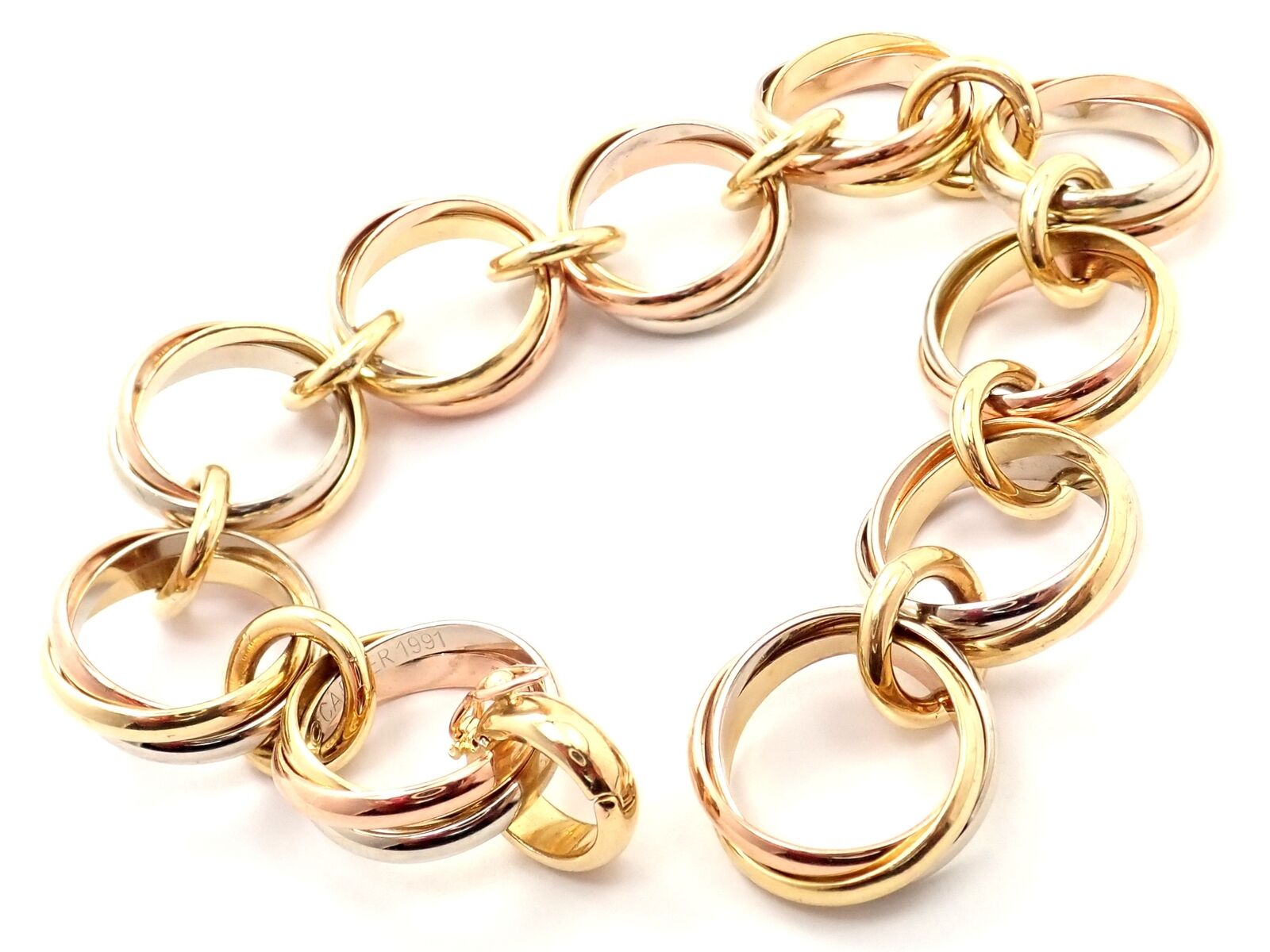 Authentic Cartier Trinity 18K Tri-Color Gold Round Wide Link Bracelet for Women - Luxury Jewelry Gift for Anniversary, Birthday & Special Occasions