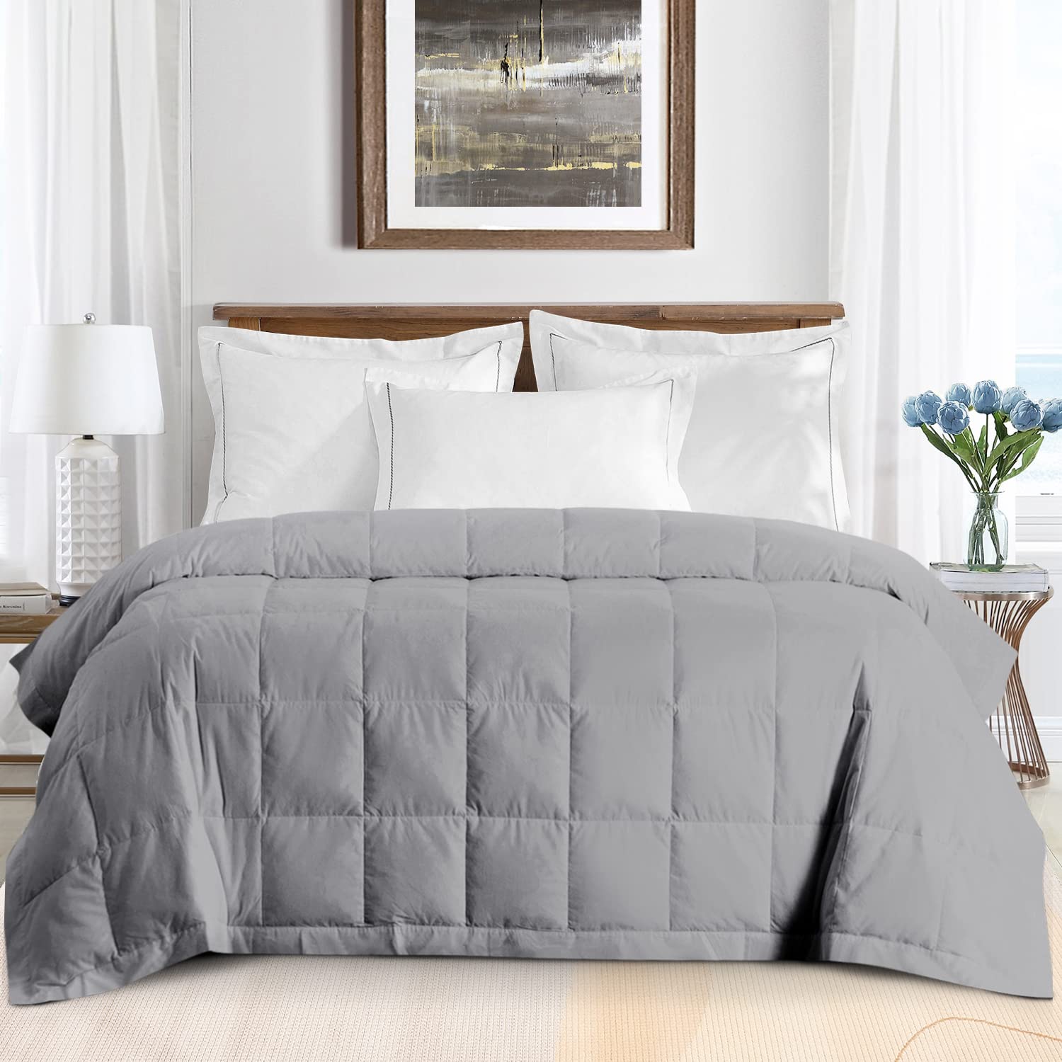 Pinzon Lightweight Summer Down Comforter - 400 Thread Count Queen Size Grey Down Blanket for Bedroom, Guest Room & Vacation Homes - Breathable & All-Season Comfort