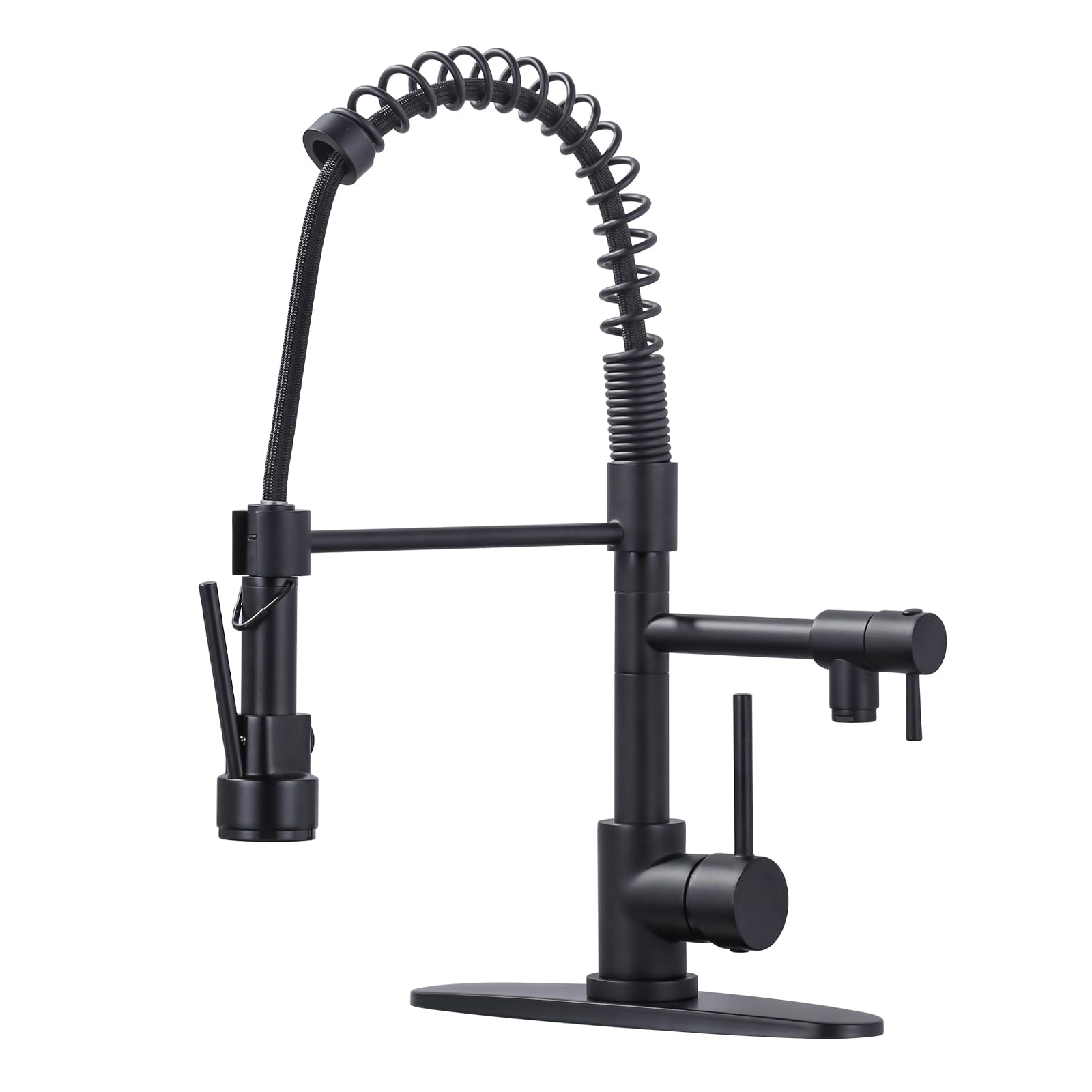 Premium Matte Black Brass Kitchen Faucet with Pull Down Sprayer - High Arc Commercial Spring Design for 1 or 3 Hole Sinks (Includes Deck Plate) | Ideal for Modern Kitchens, Restaurants & Food Prep Areas