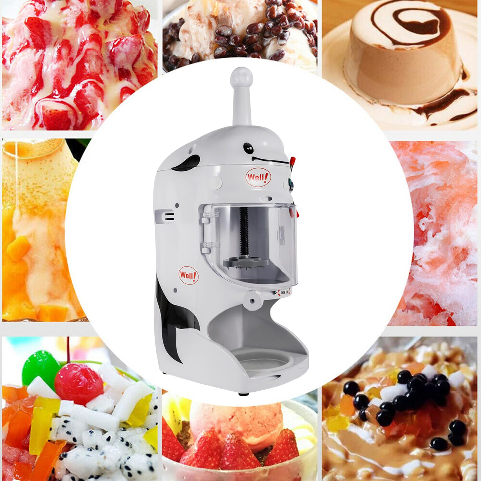 350W Commercial Electric Ice Shaver Machine - Adjustable Thickness Snow Cone Maker & Ice Crusher (250-350 RPM) for Coffee Shops, Restaurants, Bars, and Home Use - Perfect for Cocktails, Smoothies, and Desserts