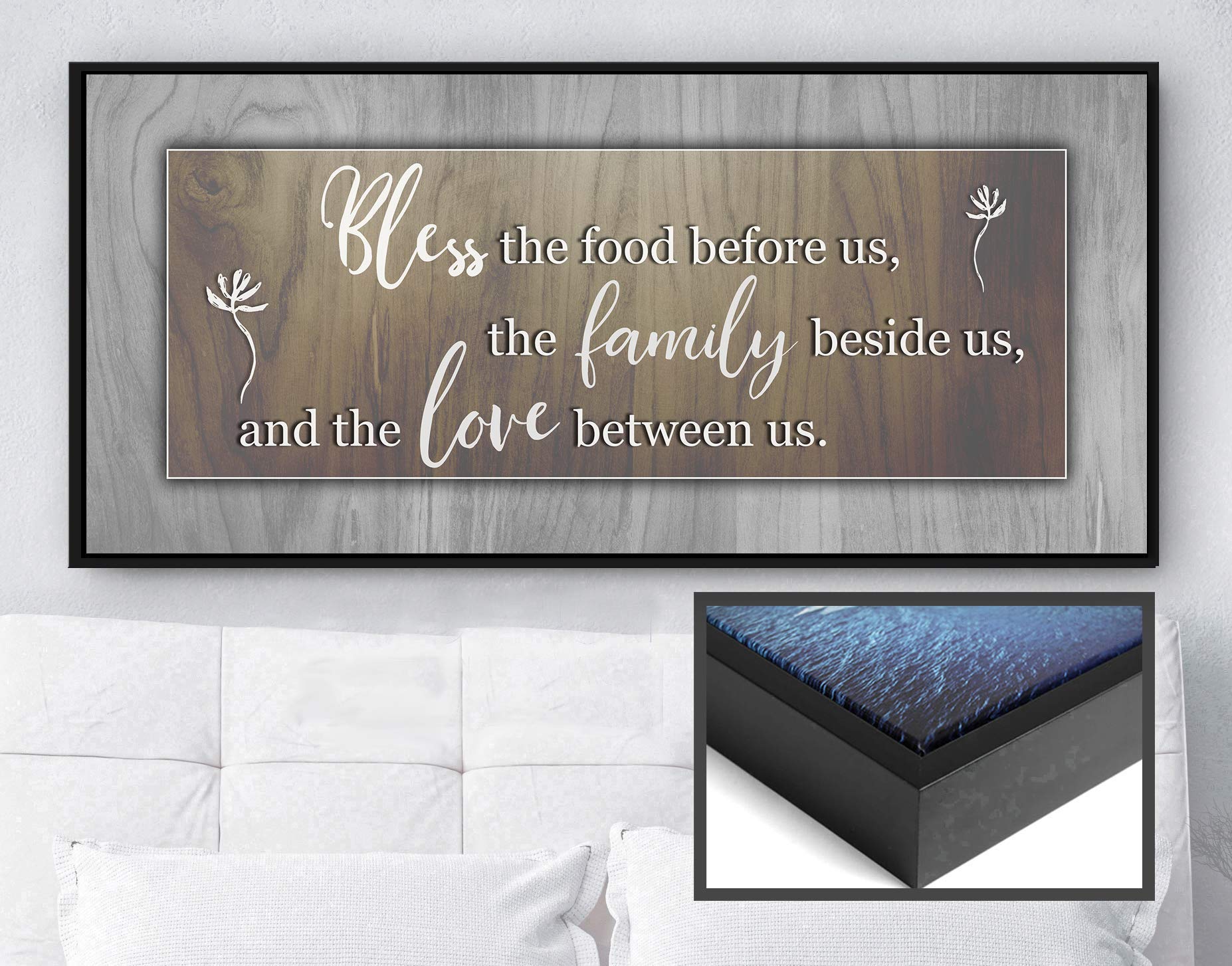 Bless The Food Before Us Quote - Rustic Farmhouse Kitchen Wall Decor with Floating Frame | Christian Dining Room Art for Home & Kitchen Decorations | Perfect for Farmhouse, Rustic & Christian Themed Spaces (Brown & Black, 60x27)