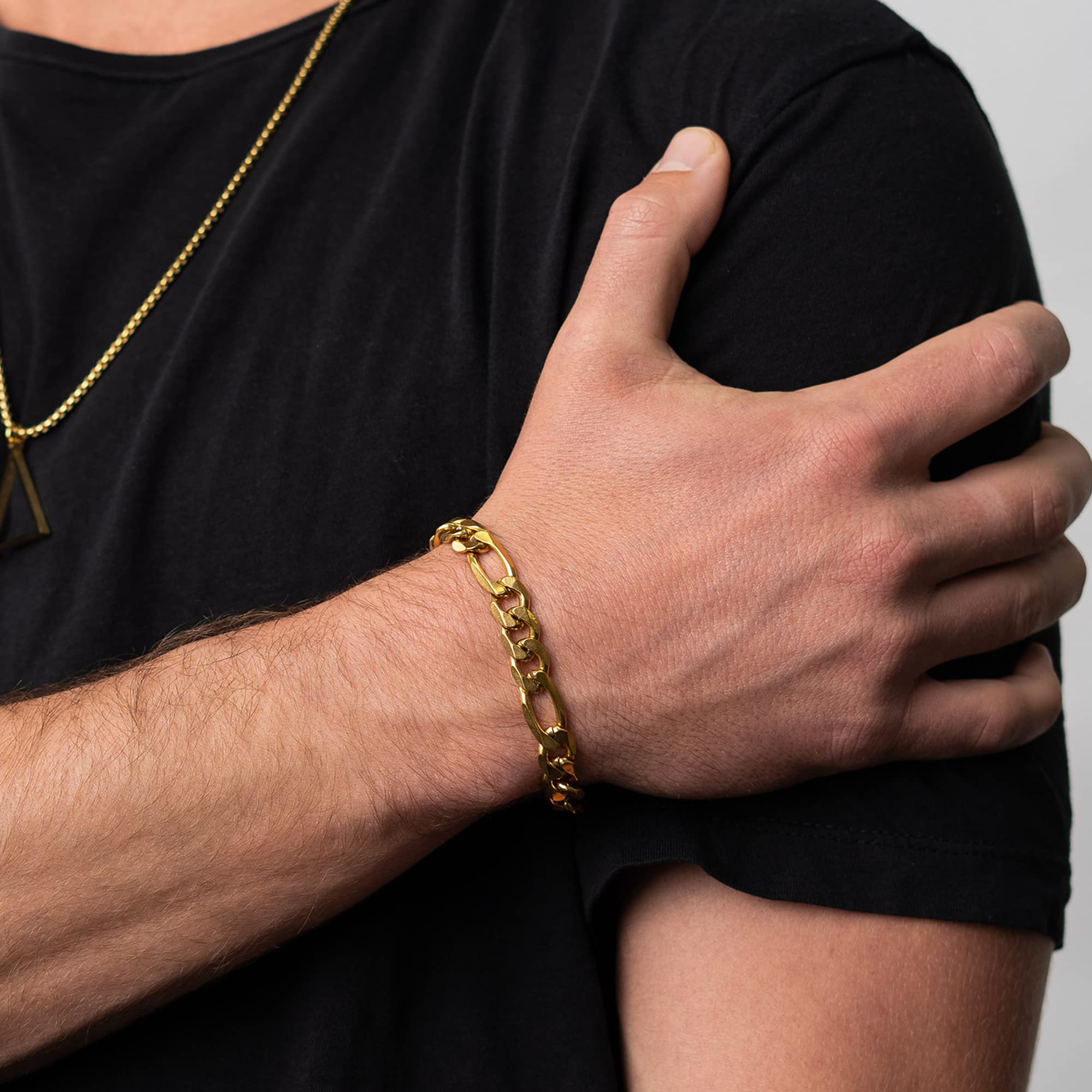 Baronyka 8.5mm Thick 8 Inch Gold Plated Stainless Steel Figaro Chain Bracelet for Men with Lobster Clasp - Durable & Stylish Men's Jewelry Gift for Birthday, Anniversary & Special Occasions