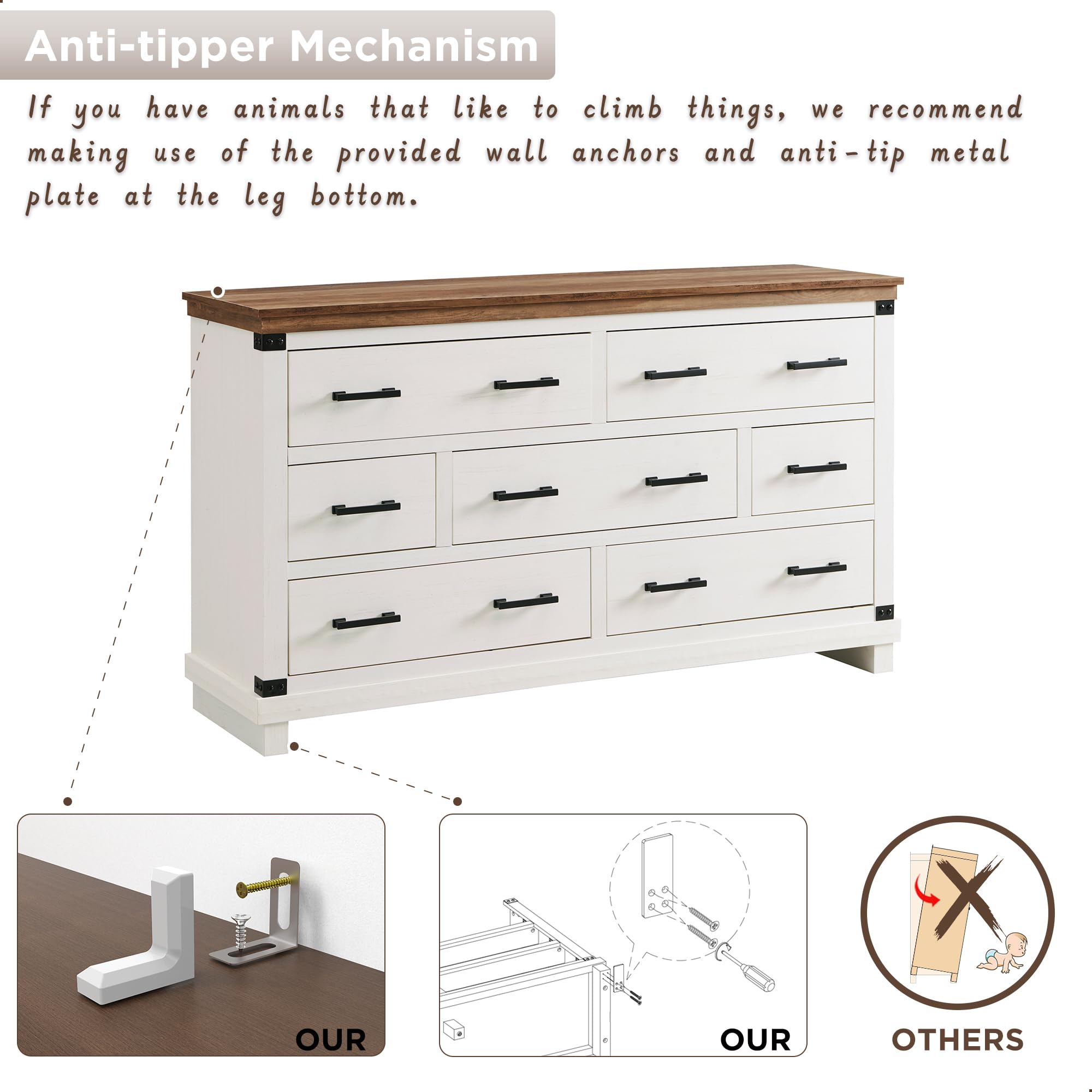 Farmhouse 7-Drawer Wooden Dresser for Bedroom - Large Rustic Chest of Drawers with Thick Plank Design - Antique White Storage Cabinet for Bedroom, Living Room & Closet Organization | Perfect for Farmhouse Decor, Guest Room Furniture & Home Storage Solutions