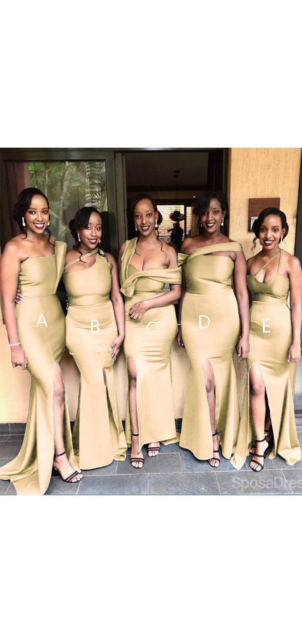 Elegant Mermaid Gold High Slit Long Bridesmaid Dresses for Wedding Party - WG1029 | Formal Evening Gowns for Bridal Shower, Prom, and Special Occasions