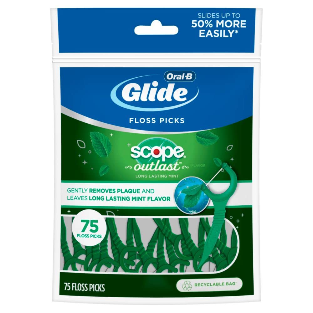 Oral-B Glide Complete Floss Picks with Scope Outlast Mint Flavor - 75 Count | Dental Flossers for Teeth Cleaning & Plaque Removal | Perfect for Travel, Home & Office Use