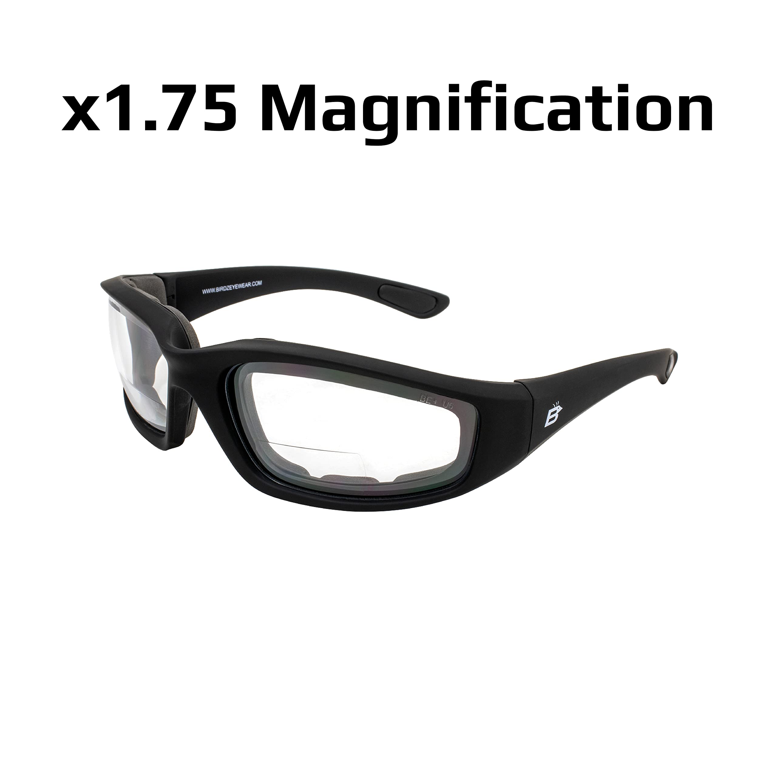 Birdz Eyewear Oriole Padded Safety Bifocal Motorcycle Glasses - Black Frame, Clear Lenses with 1.75 Magnification - Includes Carry Bag - Perfect for Riding, Cycling & Outdoor Activities
