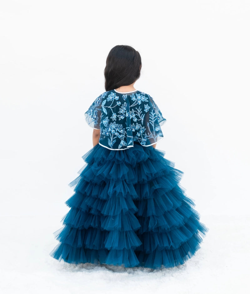 Pre Order: Stylish Teal Blue Crop Top & Skirt Set with Elegant Cape - Perfect for Cosplay, Halloween, and Fashion Events