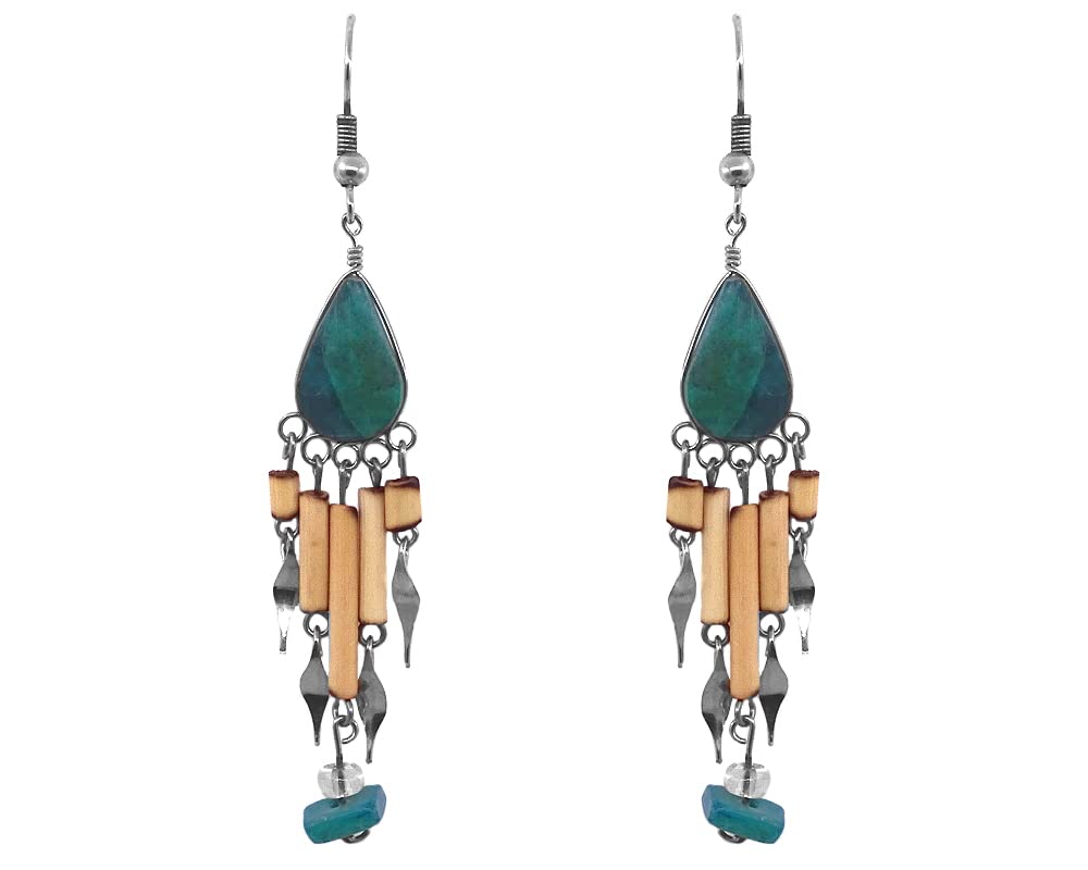Handmade Boho Gemstone Cabochon & Bamboo Chip Dangle Earrings for Women – Long Wooden & Metal Teardrop Fashion Jewelry – Perfect for Casual Wear, Festivals & Boho Chic Outfits