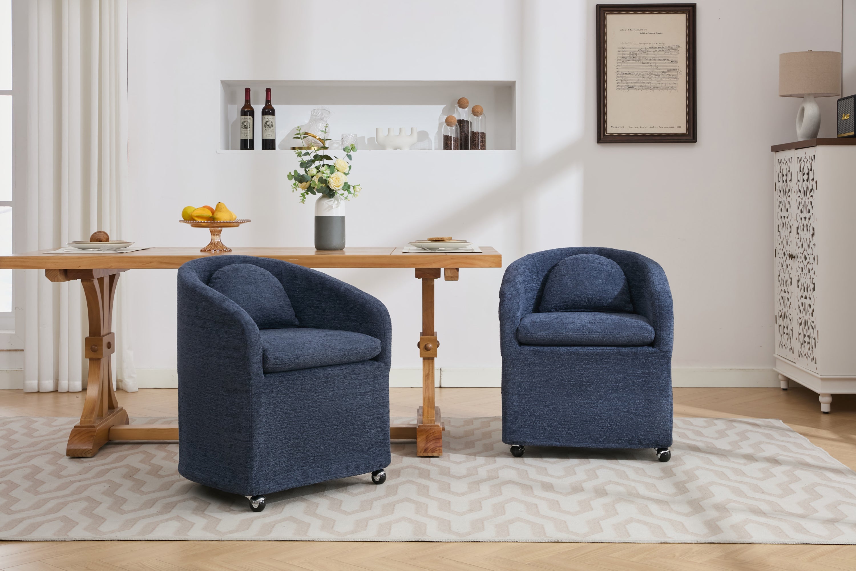5-Piece Chenille Fabric Dining Armchair Set with Removable Back Cushion & Universal Wheels - Navy Blue - Comfortable Upholstered Chairs for Kitchen, Dining Room & Office Use
