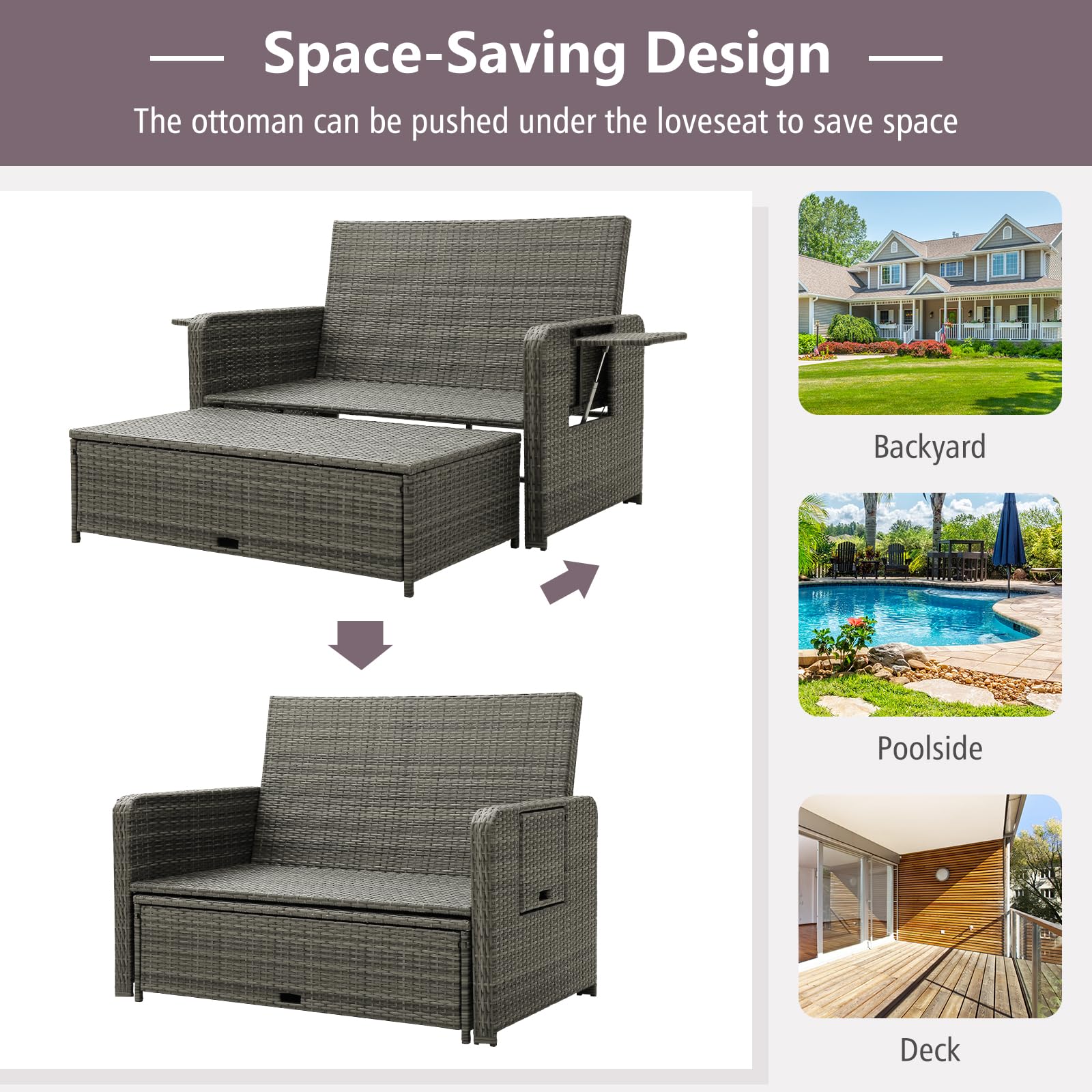 Tangkula Outdoor Patio Rattan Daybed Set with Adjustable Backrest - Wicker Loveseat Sofa, Ottoman & Side Tray - Includes Storage Footstool & Cushions - Perfect for Backyard, Garden, Poolside Relaxation