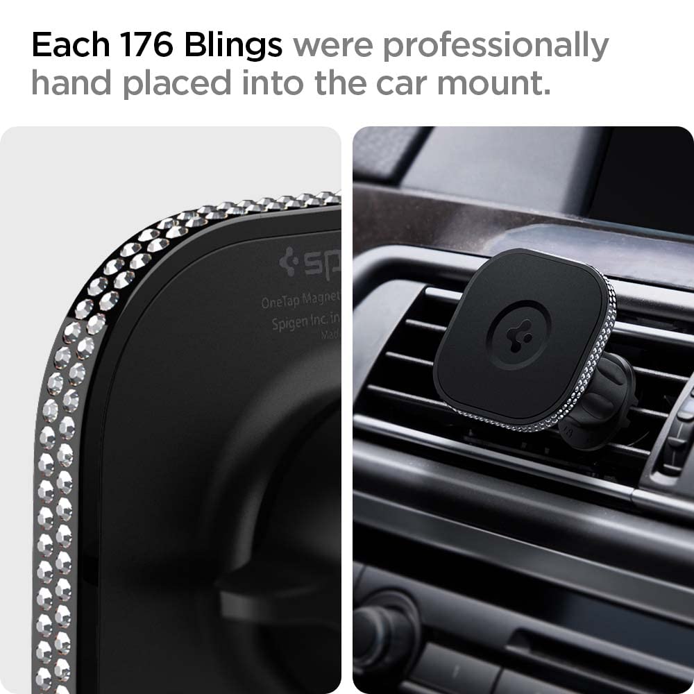 Spigen OneTap Bling (MagFit) Magnetic Air Vent Car Mount with 176 Rhinestones - Compatible with iPhone 16 Pro Max/16 Pro/16 Plus/15/14/13/12 Series - Secure Hands-Free Phone Holder for Driving, Commuting & Road Trips