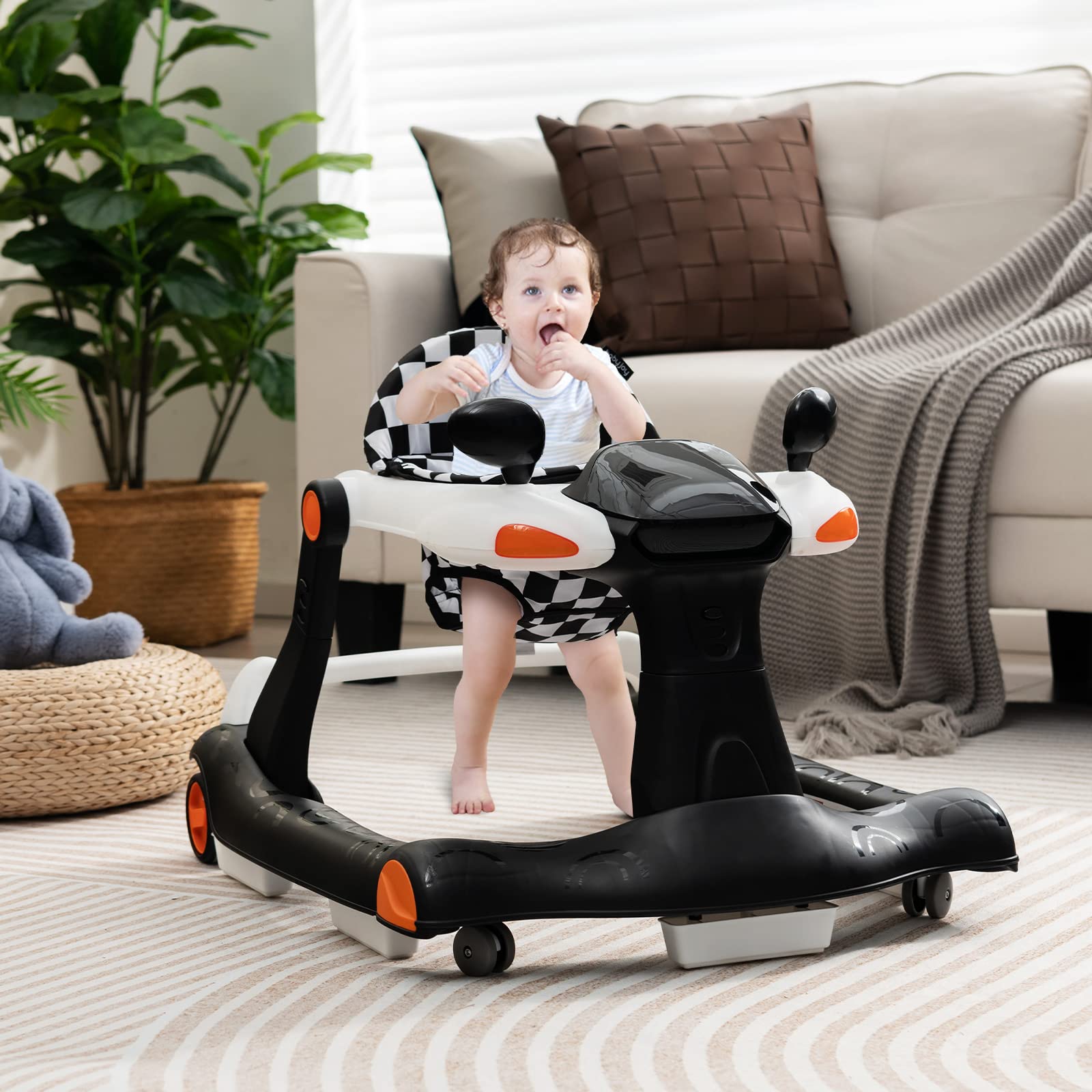 HONEY JOY Baby Walker - Foldable Push Learning Walker Toy with Wheels, Adjustable Height & Padded Seat for Boys & Girls 6-18 Months | Music, Lights, Mirrors | Indoor & Outdoor Use for Early Walking Development