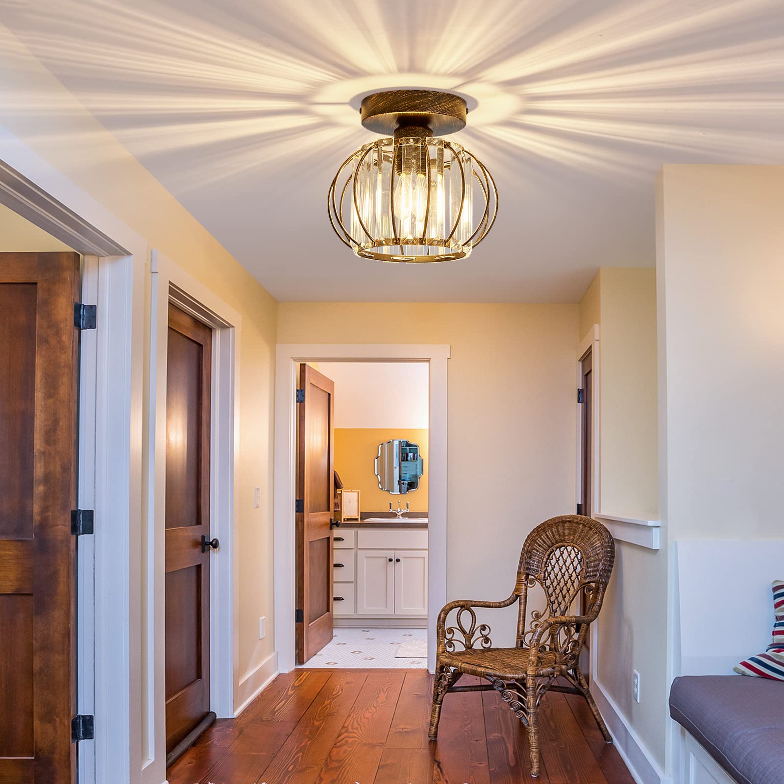 YYJLX Semi Flush Mount Ceiling Light Fixture - E26 Mini Crystal Chandelier in Oil Rubbed Bronze - Small Ceiling Lamp for Entryway, Bedroom, Bathroom, Hallway, Closet & Foyer - Perfect for Modern Home Decor & Ambient Lighting