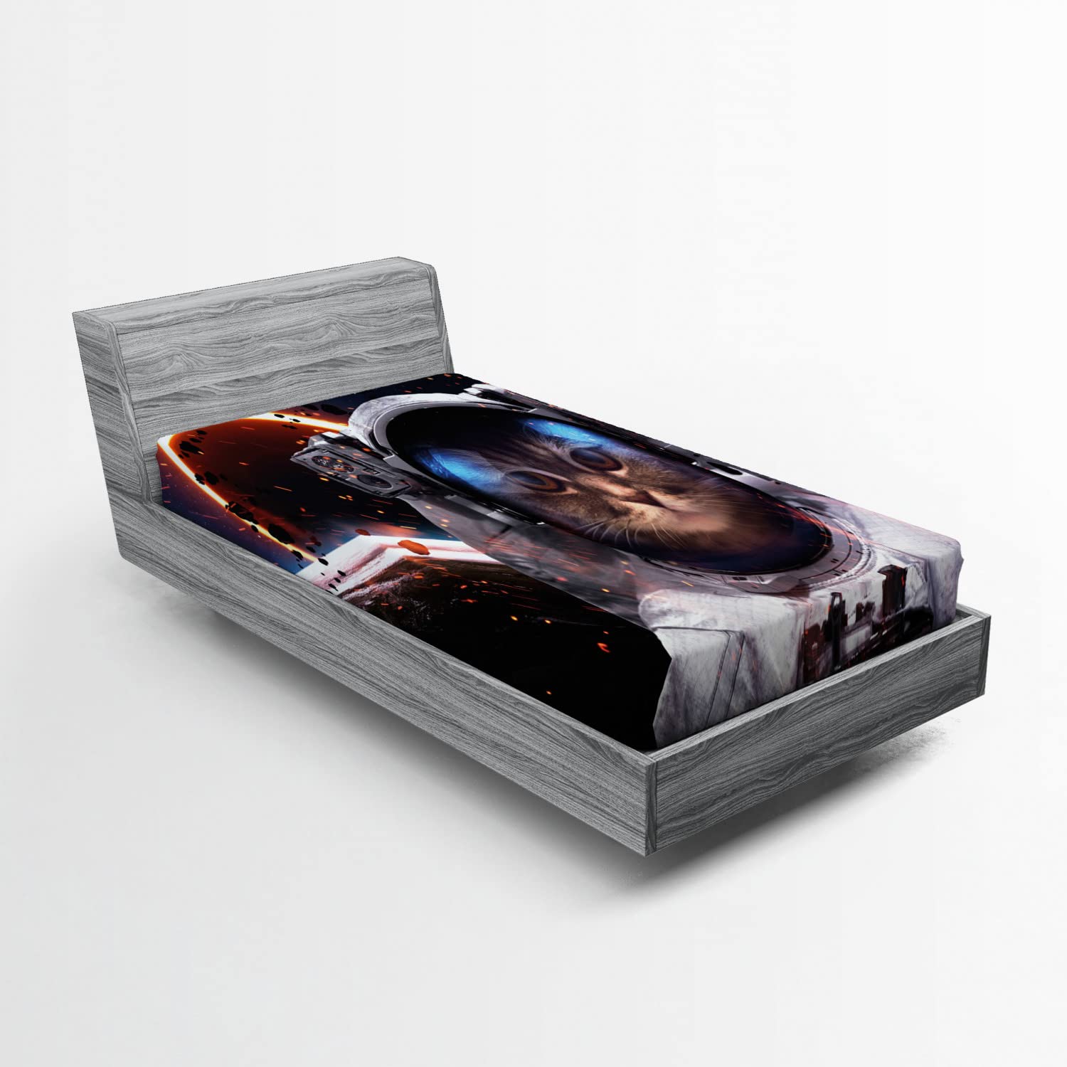 Ambesonne Space Cat Fitted Sheet - Astronaut & Comet Galaxy Outer Space Print Twin Size Bed Sheet with Deep Pocket Elastic - Dark Blue & White - Perfect for Kids Rooms, Dorm Decor & Space Themed Bedrooms