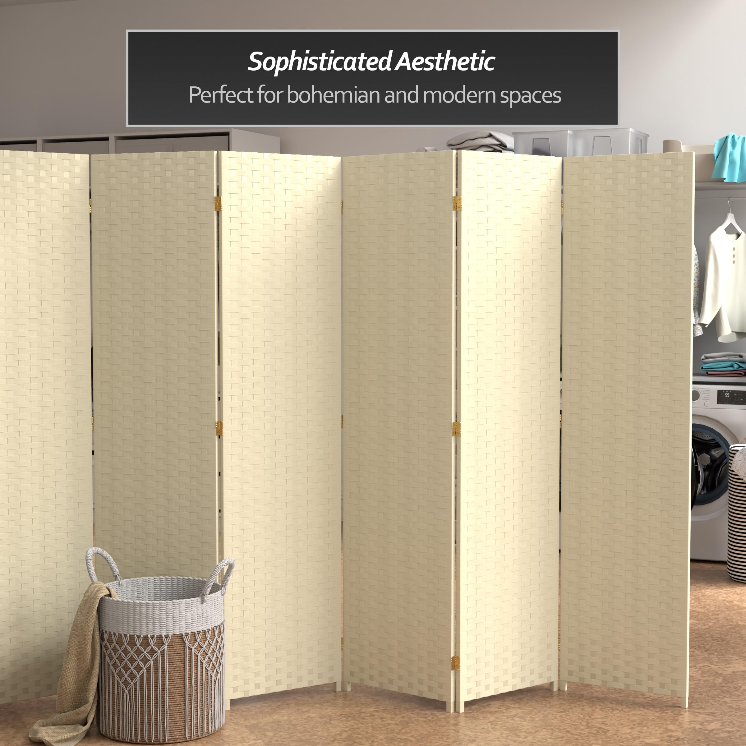 6 ft. Tall Woven Fiber Red Lantern Room Divider - 6 Panel Cream Folding Screen for Home Decor, Office Partition & Asian-Themed Events