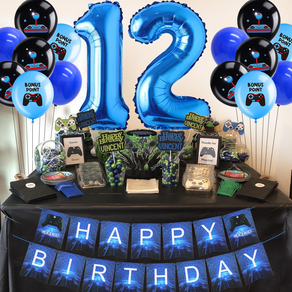 Kreatwow 12th Birthday Party Decorations - Video Game Themed Blue Party Supplies for 12 Year Olds with Controller Balloons, Cake Topper & Banner | Perfect for Boys & Girls Gaming Birthday Celebrations at Home or School