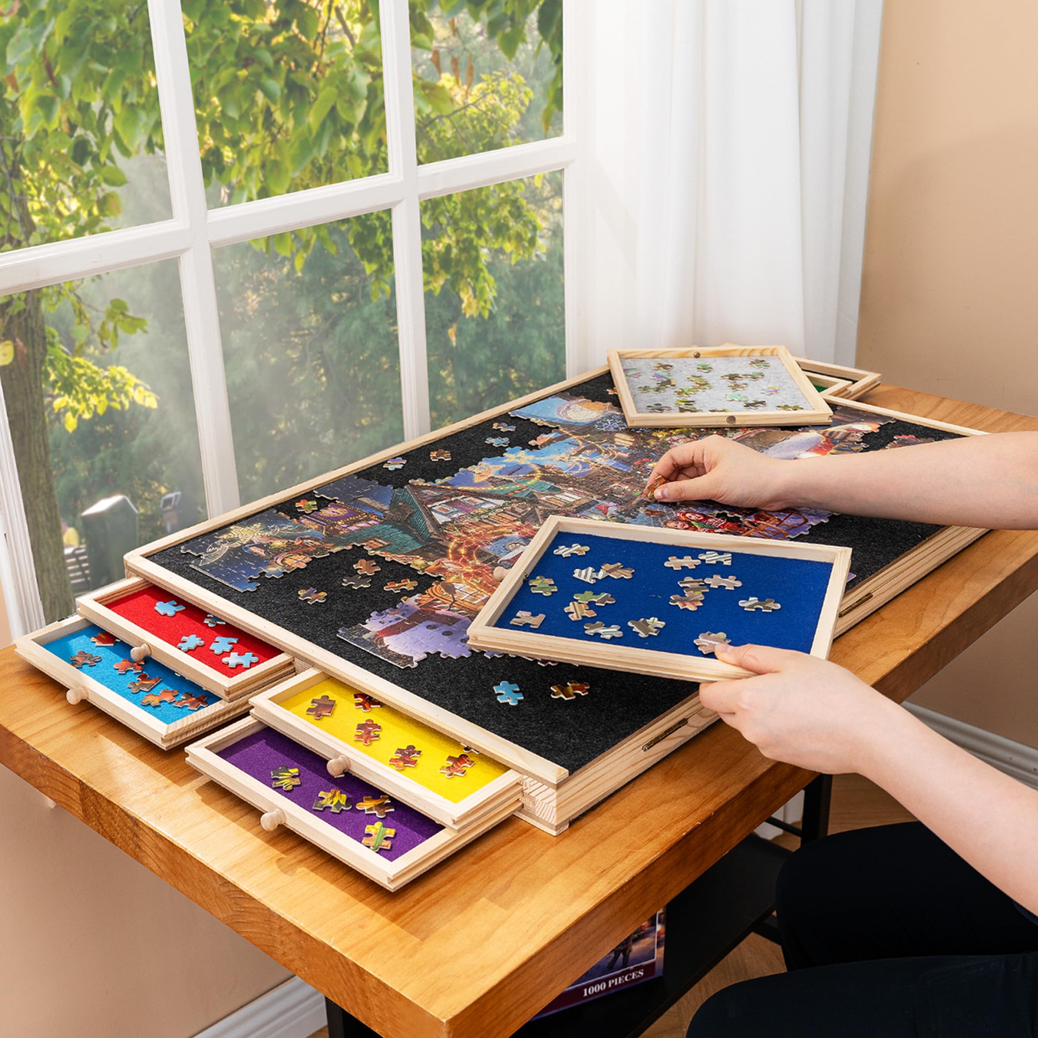 Tektalk 2000 Piece Foldable Puzzle Board with 8 Sorting Trays & Drawers - Portable Jigsaw Puzzle Table with Cover - Storage Solution for 2000/1500/1000/500 Piece Puzzles - Perfect for Family Game Nights & Puzzle Enthusiasts