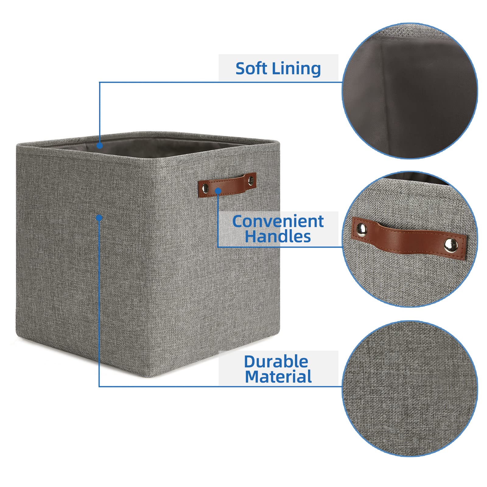 13 Inch Fabric Storage Cubes with Leather Handles - Set of 4 Grey Organizer Bins for Shelves, Home & Office - Perfect for Toys, Books, Clothes and Home Organization