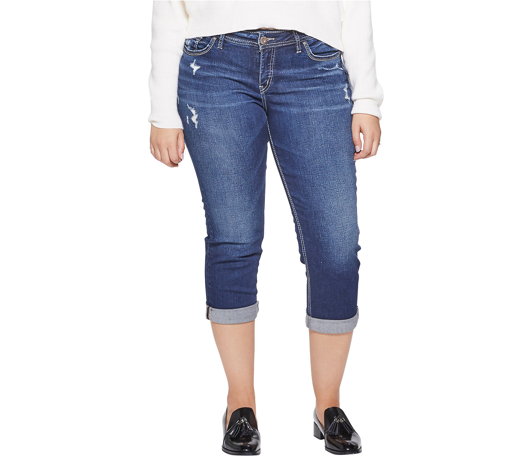 Silver Jeans Co. Women's Plus Size Suki Mid Rise Curvy Fit Capri Jeans - Stretch Denim Pants for Casual Wear & Everyday Comfort