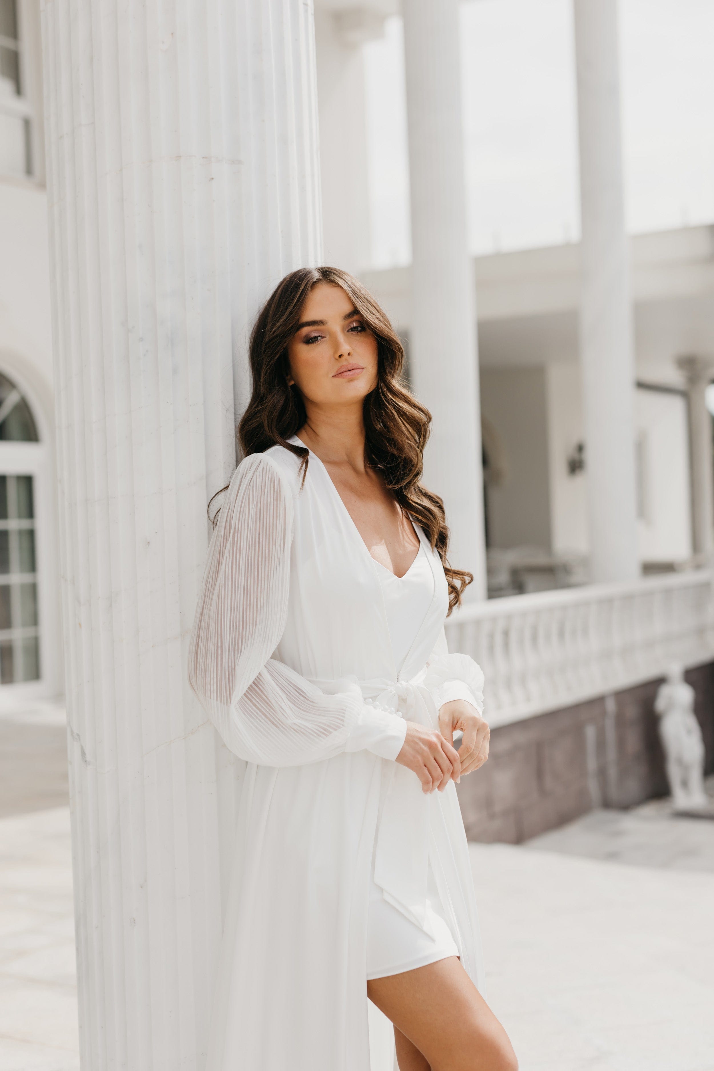 Alaina Pleated Sleeve Satin Maxi Bridal Robe with Slip - Elegant Wedding Gown for Brides, Bridesmaids & Photoshoots - Perfect for Getting Ready, Ceremonies & Special Occasions