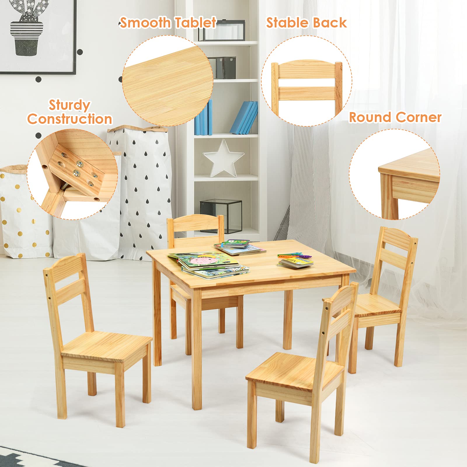 BETTARY Kids Wooden Table and Chair Set - 5 Piece Toddler Activity Furniture for Studying, Crafts, Art & Dining | Sturdy Playroom Set for Ages 2-6 | Perfect for Preschool Learning, Creative Play & Mealtime (Natural Wood)