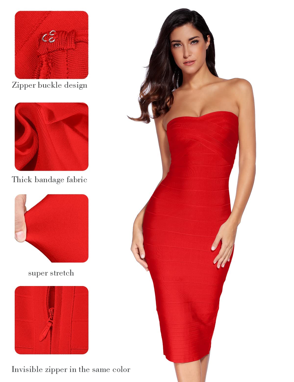 Elegant Women's Midi Cocktail Dress - Strapless Bandage Bodycon Dress for Wedding, Party & Special Occasions | Perfect for Evening Events, Date Nights & Formal Gatherings