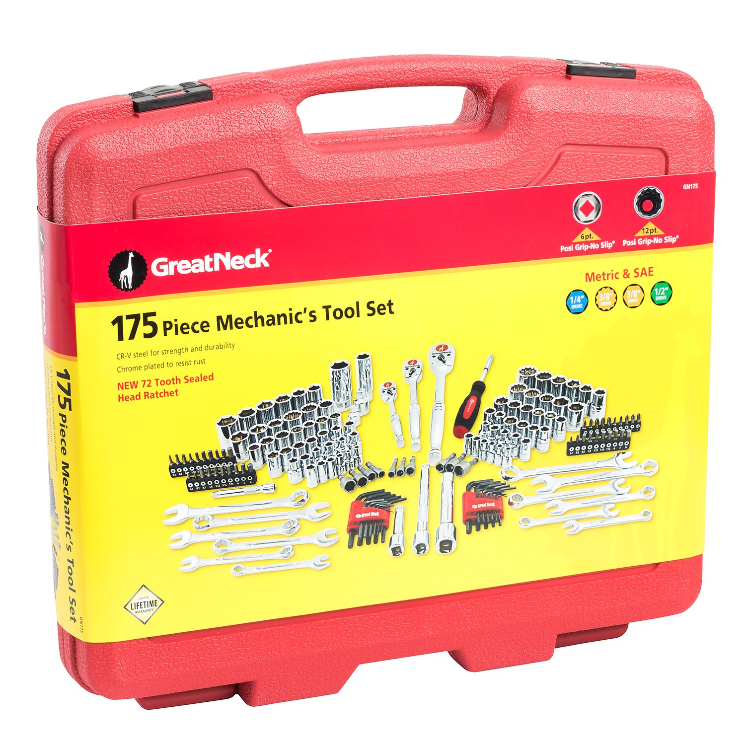 Great Neck GN175 175-Piece Mechanic's Tool Set - SAE & Metric Auto Repair Tools with Durable Toolbox | Perfect for DIY Car Maintenance & Home Garage Projects