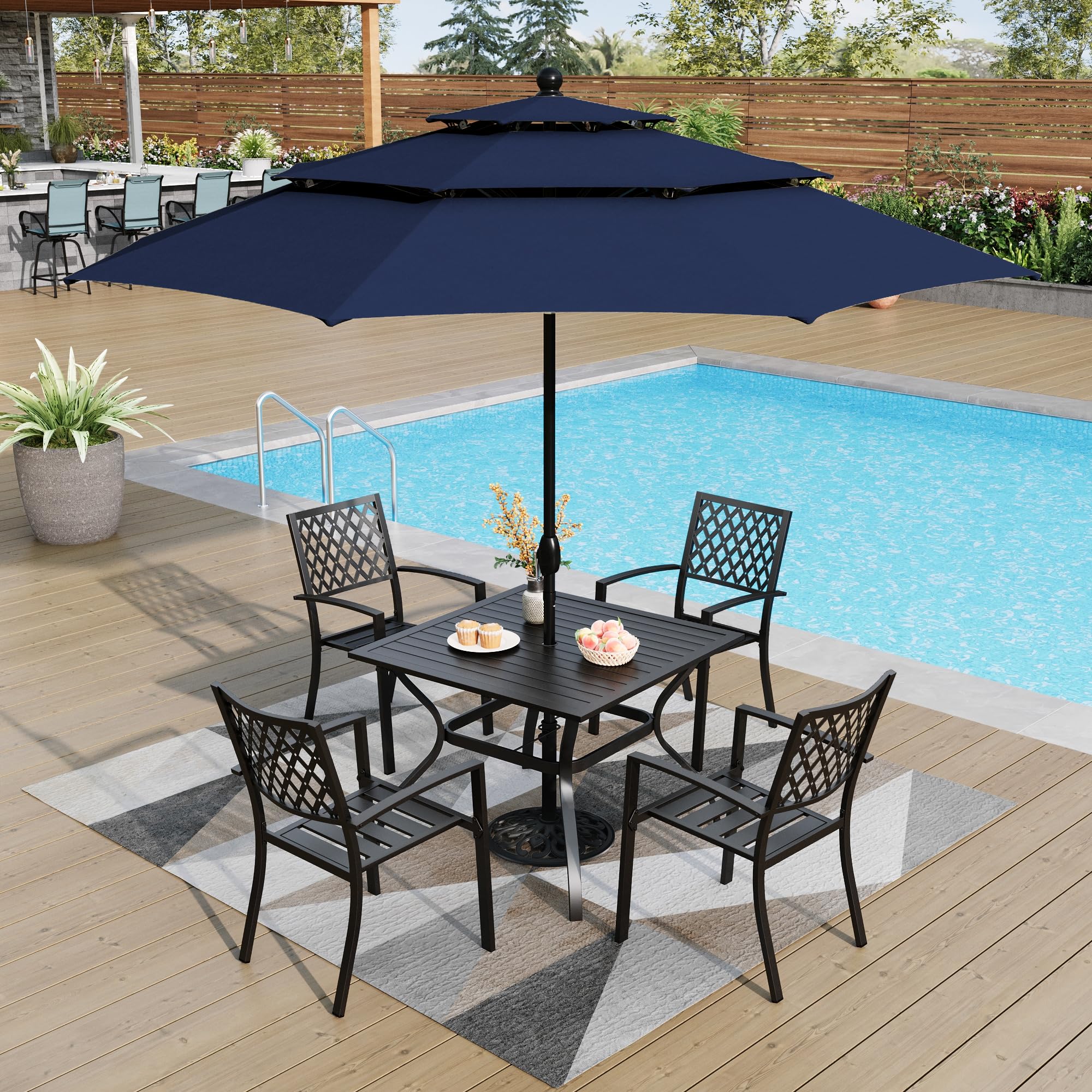 PHI VILLA 6-Piece Outdoor Dining Set with 4 Stackable Metal Chairs, 1 Square Table & 10ft 3-Tier Umbrella (Navy Blue) - Patio Furniture for Backyard, Deck, Garden, Poolside & Outdoor Entertaining