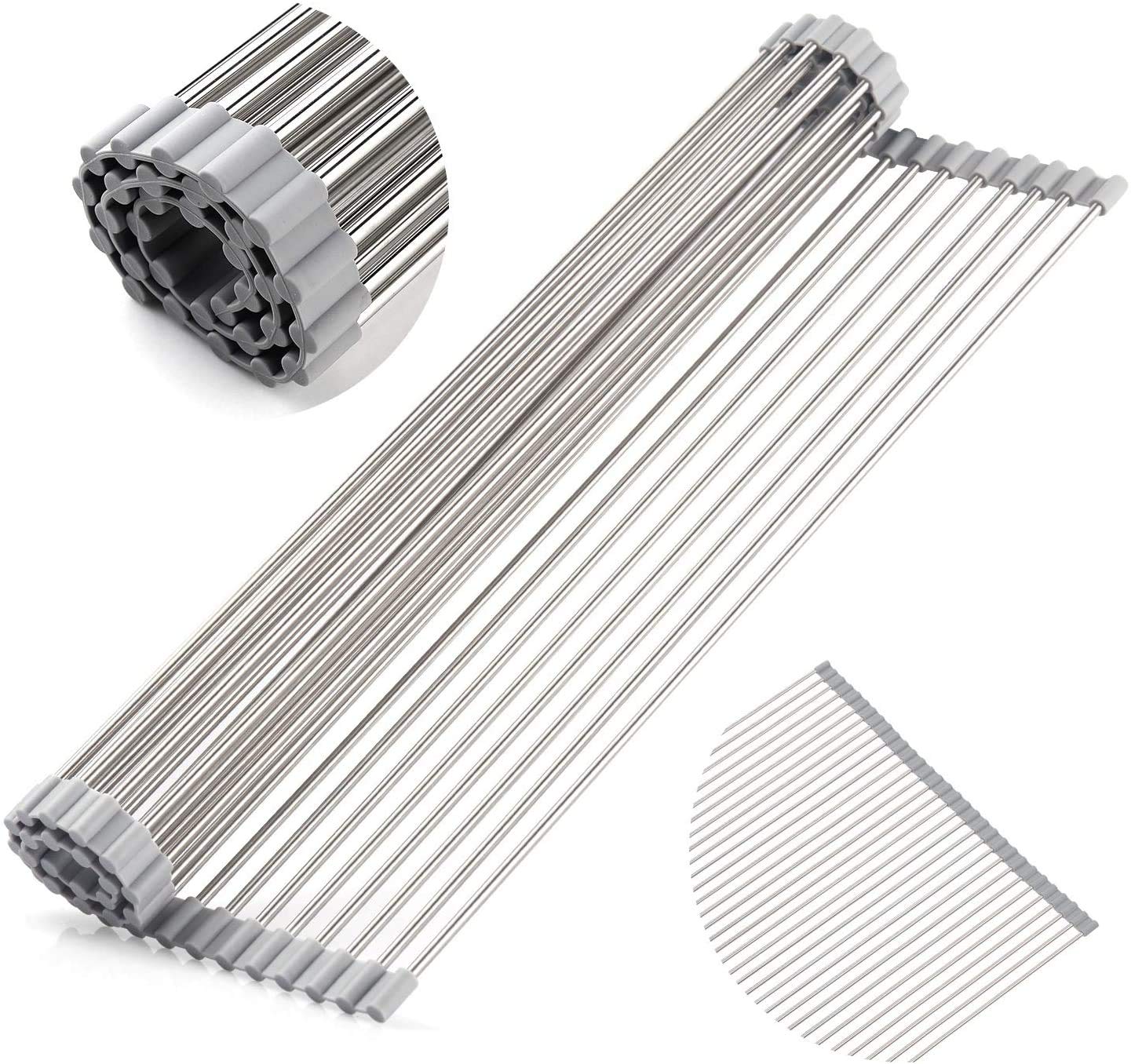 Foldable Stainless Steel Dish Drying Rack for Kitchen Sink - Space Saving Over Sink Dish Drainer with Heat Resistant Mat, Portable for RV & Small Spaces (17.7x15.8'', Gray) - Perfect for Compact Kitchens, Apartments, Camping & Travel